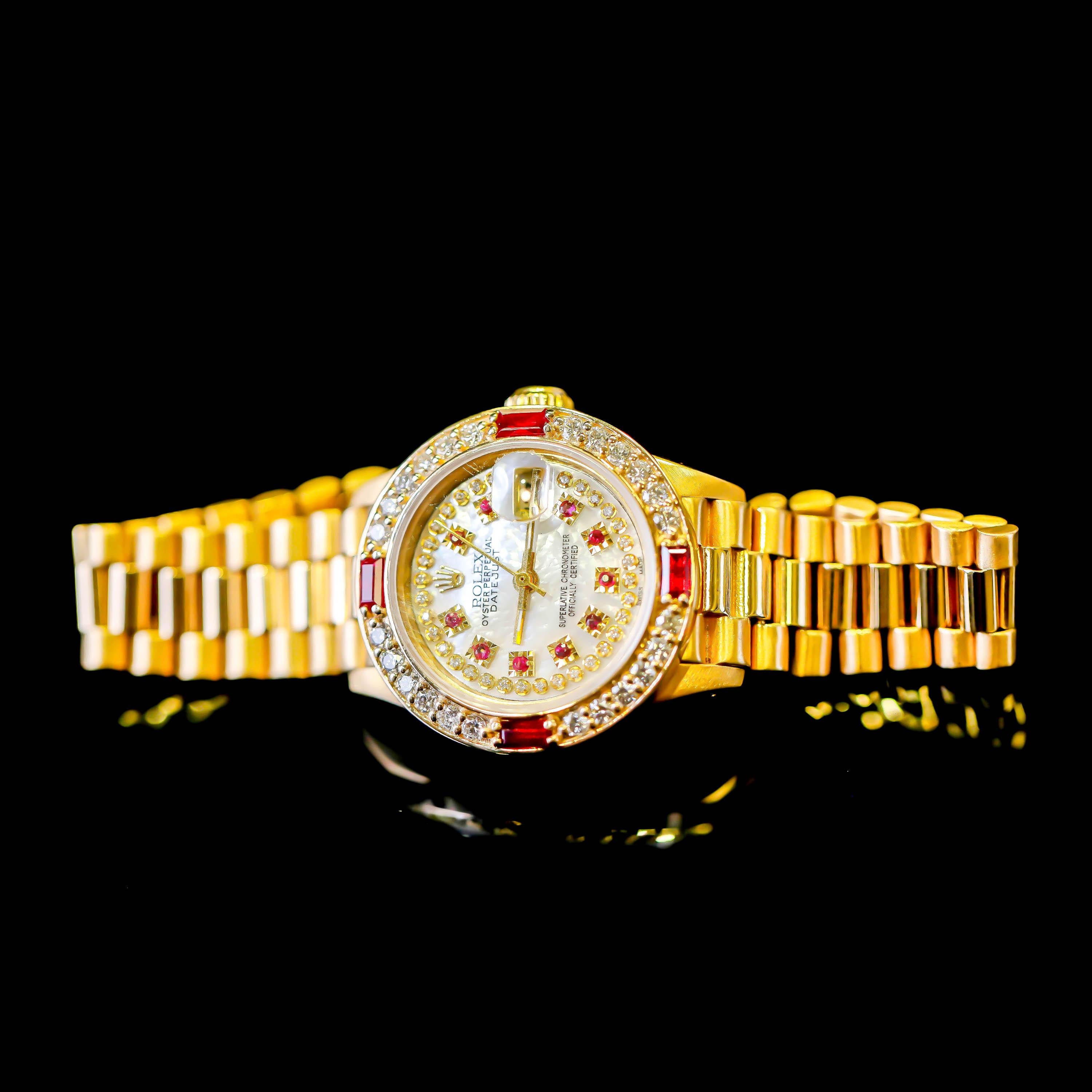 Rolex Ladies President 18 Karat Gold Ruby Watch Mother of Pearl Diamond Dial For Sale 1