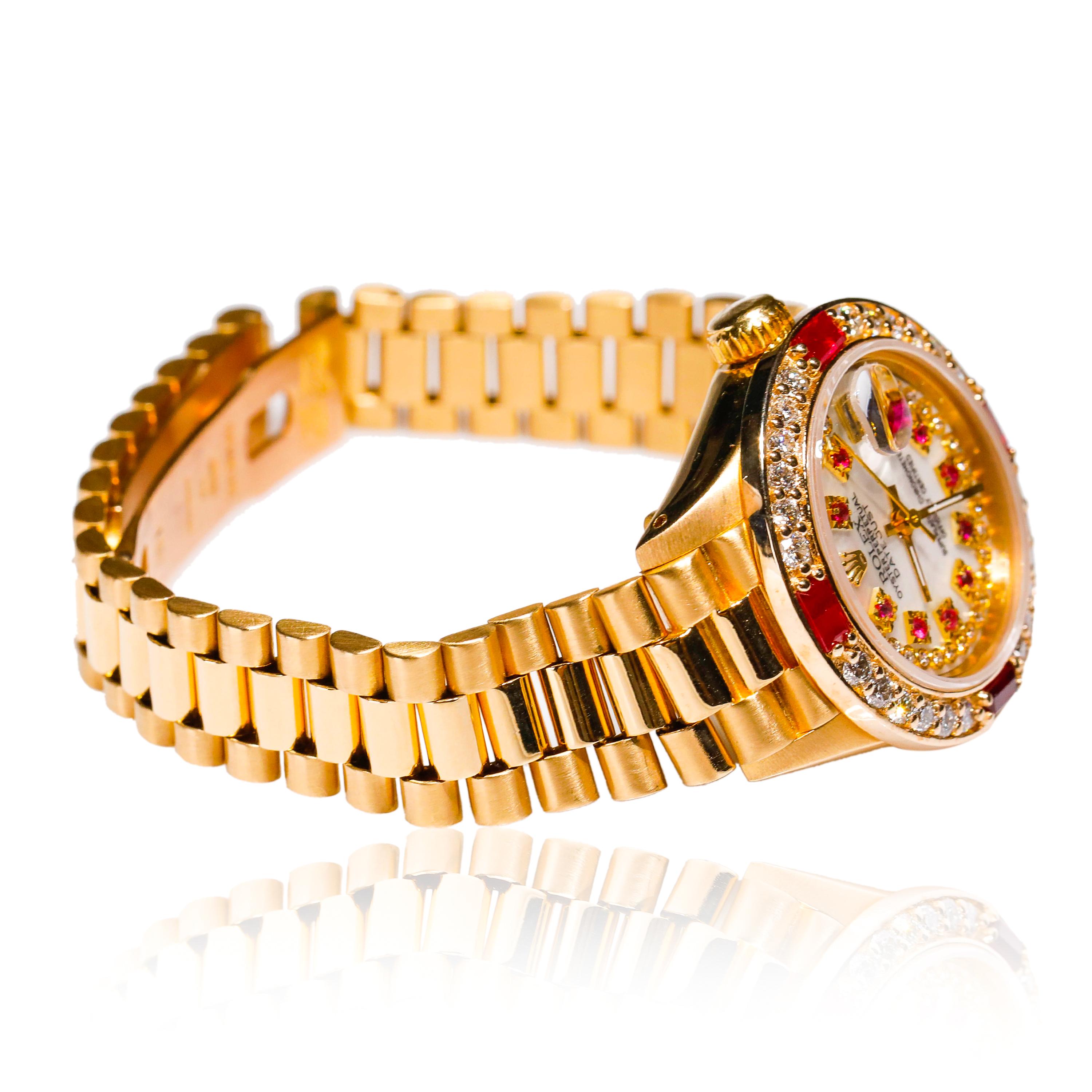 Rolex Damen President 18 Karat Gold Rubin-Uhr Perlmutt-Diamant-Zifferblatt (Moderne) im Angebot