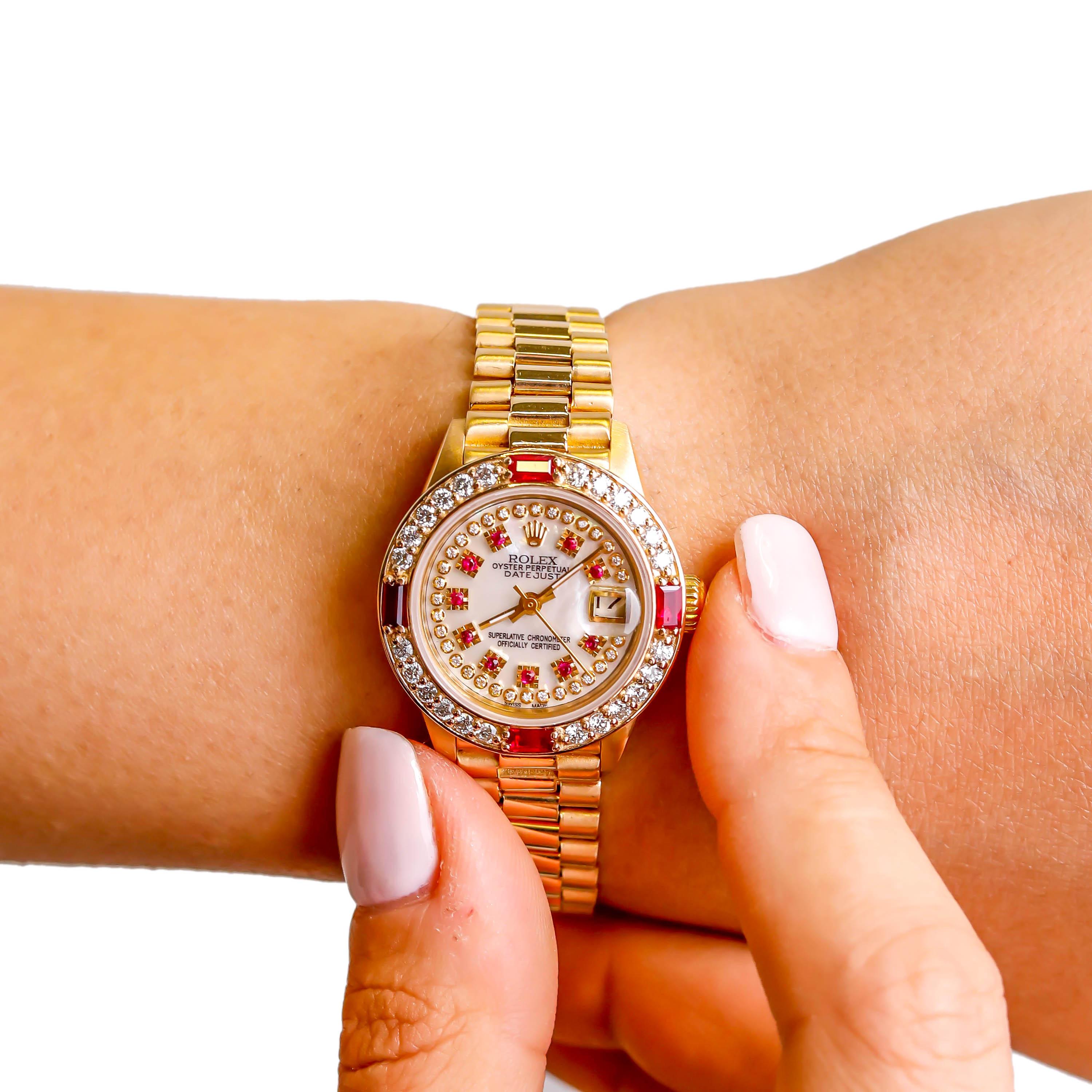Modern Rolex Ladies President 18 Karat Gold Ruby Watch Mother of Pearl Diamond Dial For Sale