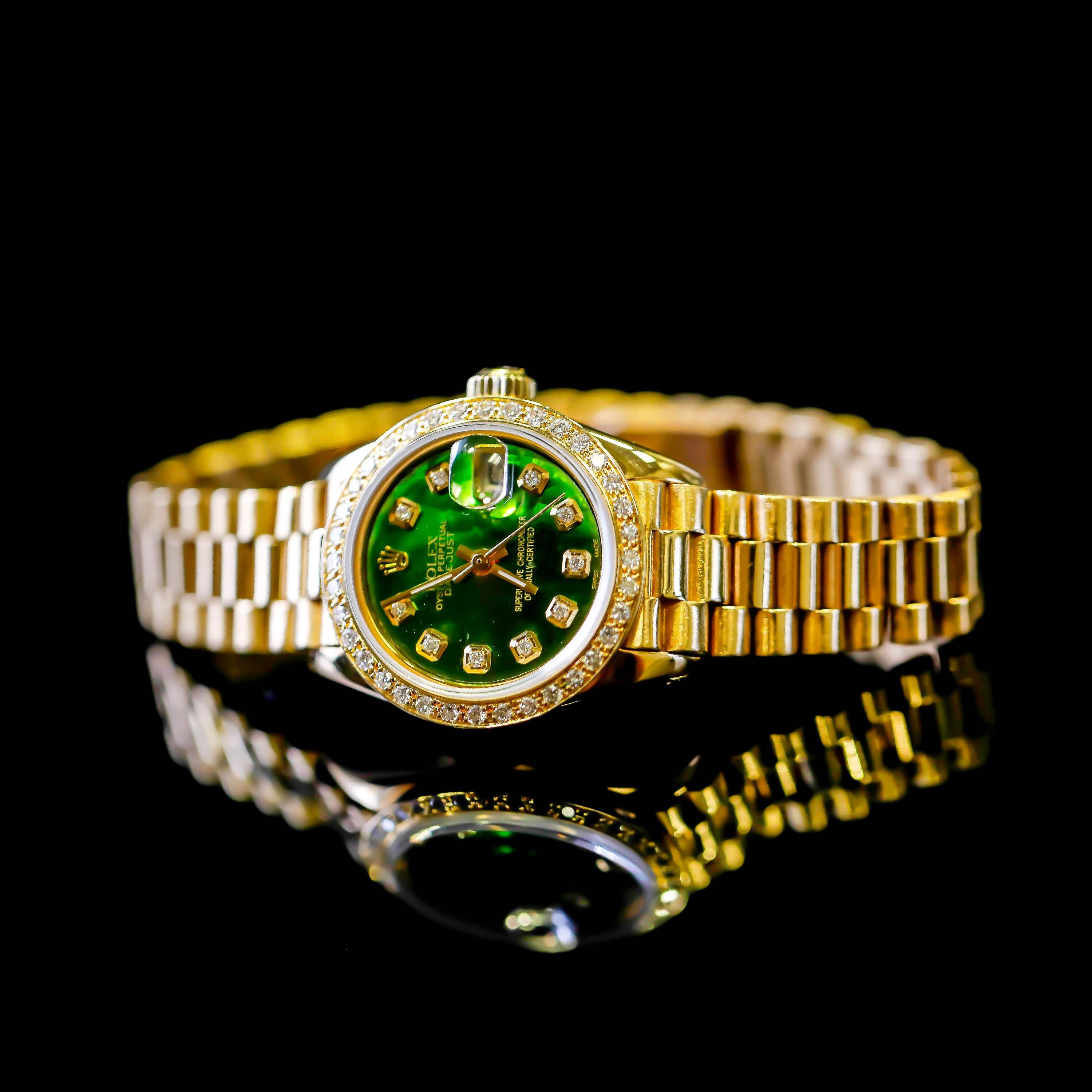 Rolex Ladies President 18 Karat Yellow Gold Green Mother of Pearl Diamond Dial For Sale 2