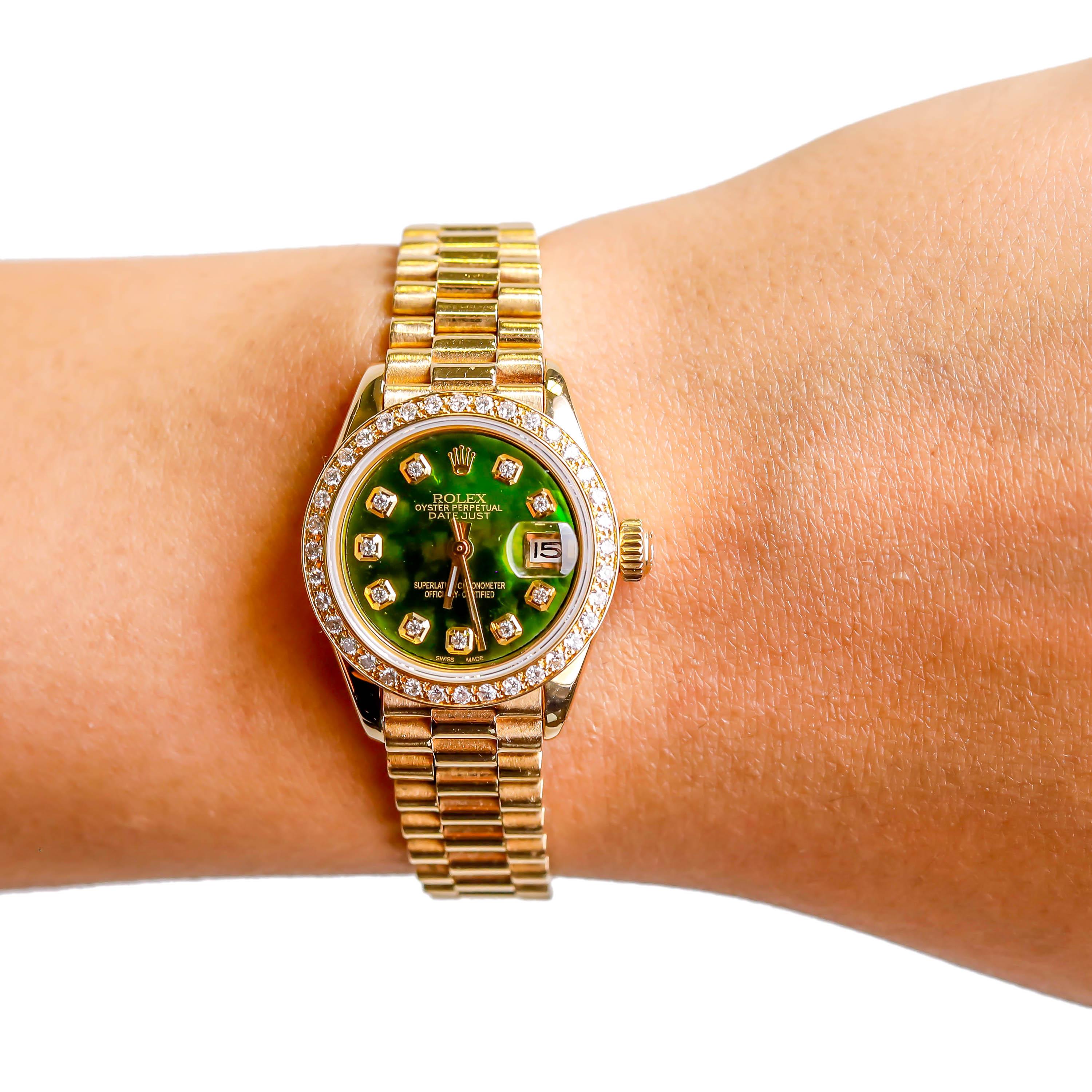 Modern Rolex Ladies President 18 Karat Yellow Gold Green Mother of Pearl Diamond Dial For Sale