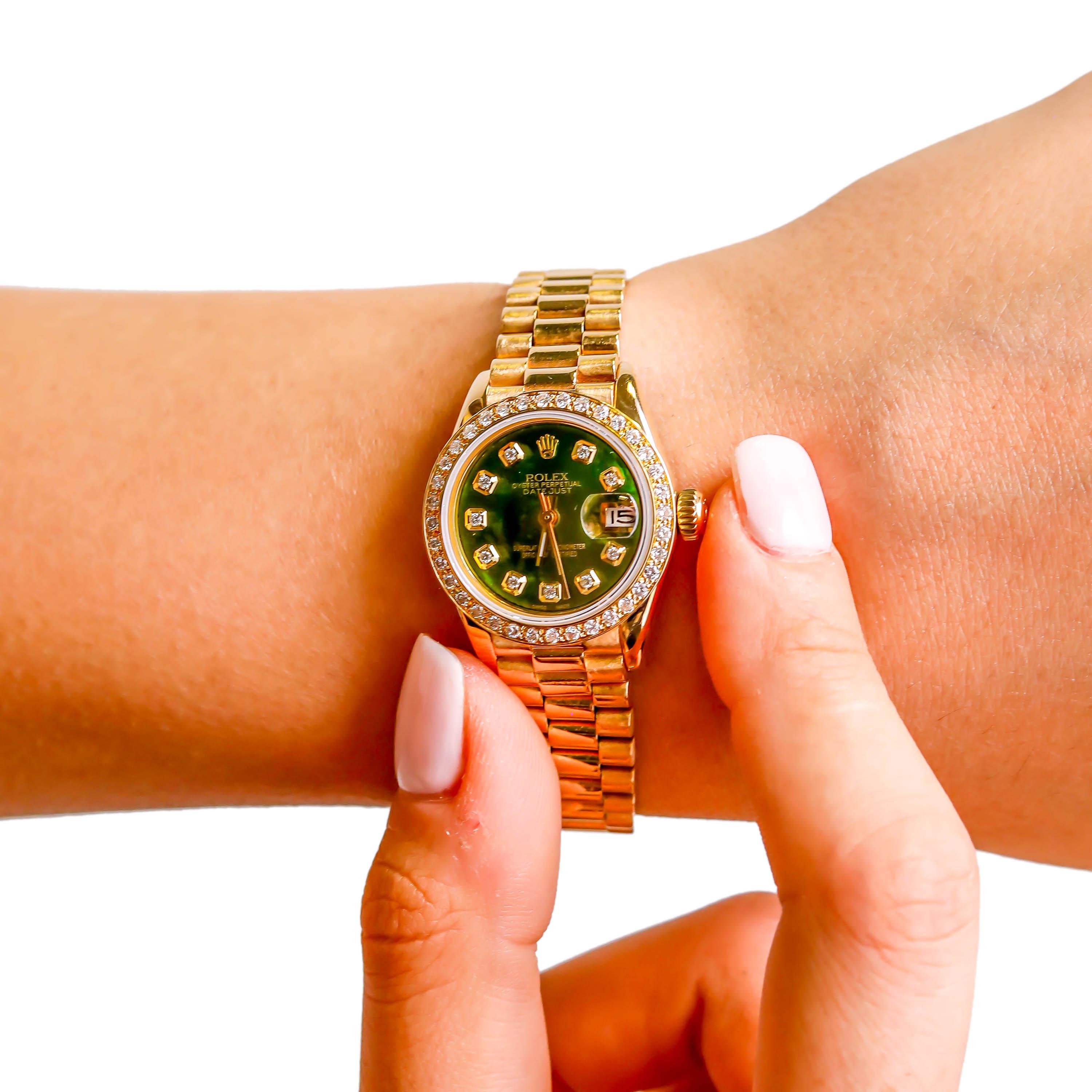 Round Cut Rolex Ladies President 18 Karat Yellow Gold Green Mother of Pearl Diamond Dial For Sale