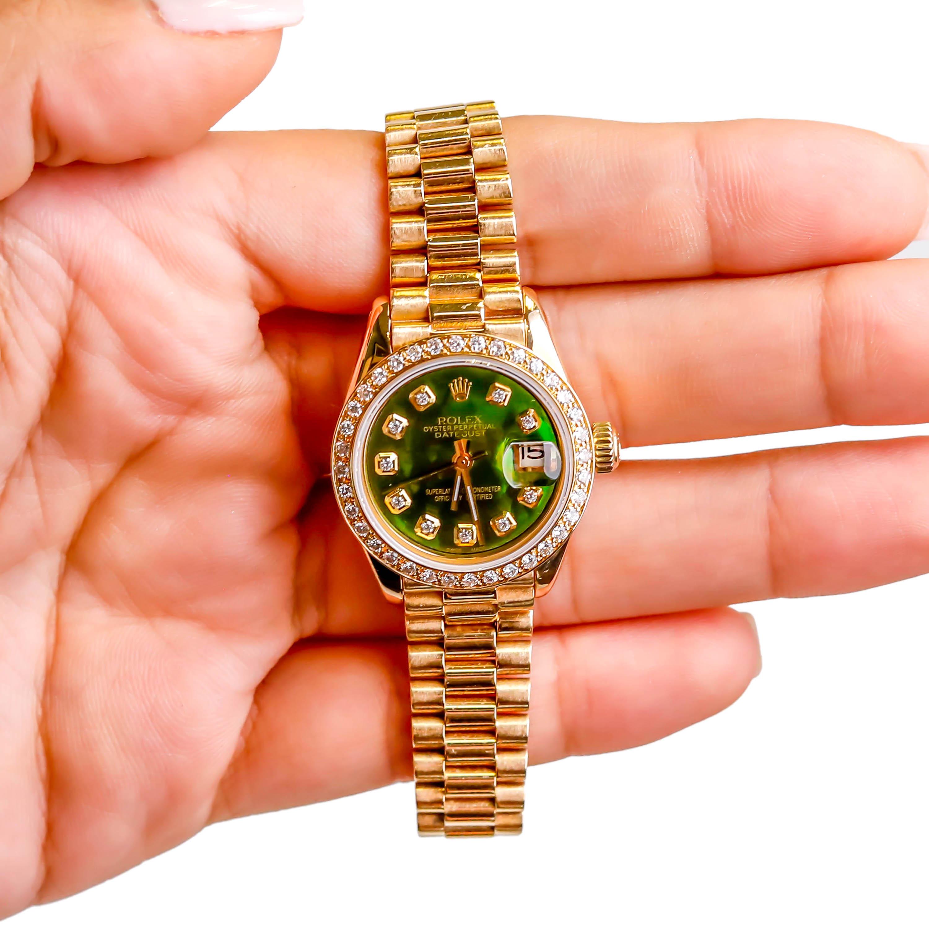 Women's Rolex Ladies President 18 Karat Yellow Gold Green Mother of Pearl Diamond Dial For Sale