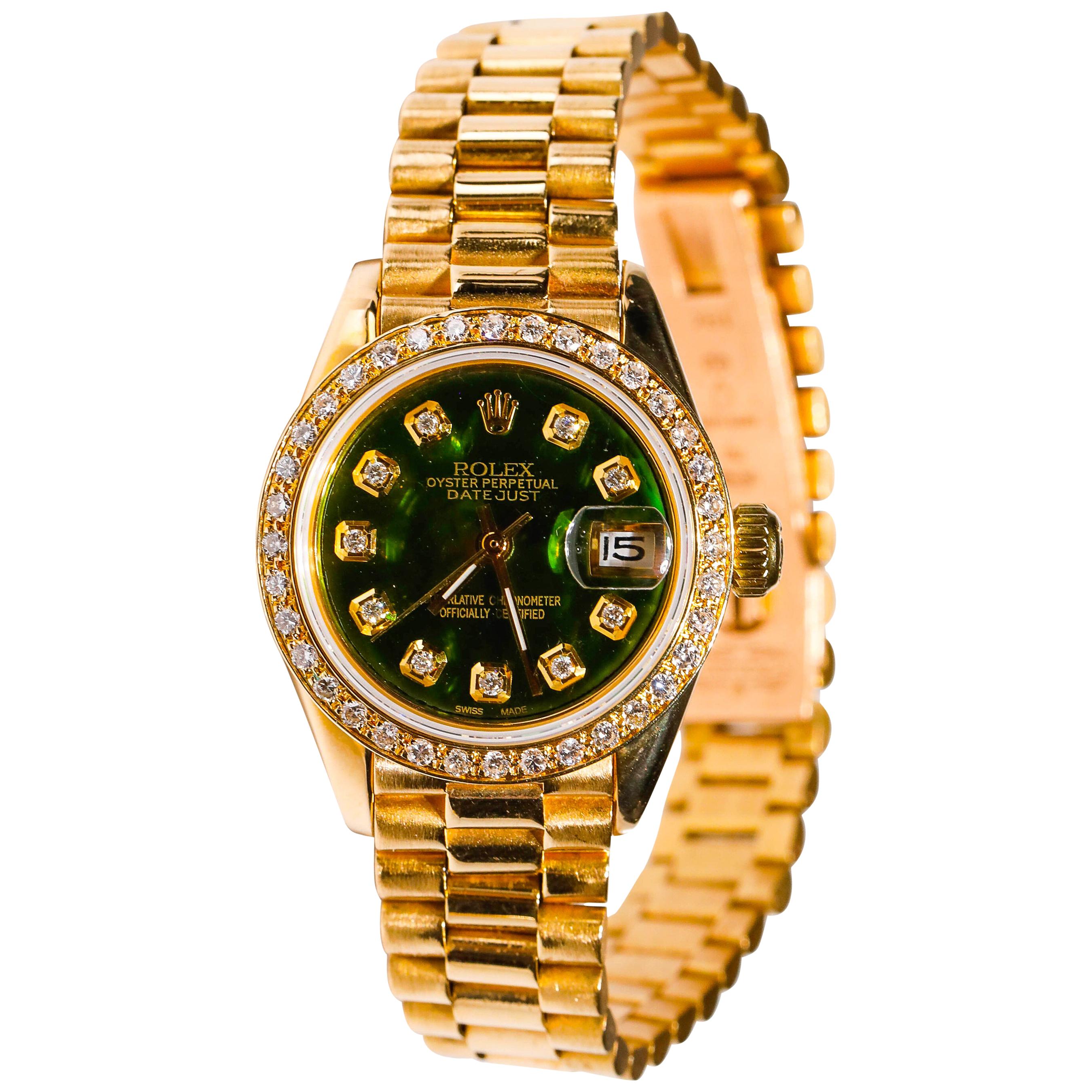 Rolex Ladies President 18 Karat Yellow Gold Green Mother of Pearl Diamond Dial For Sale