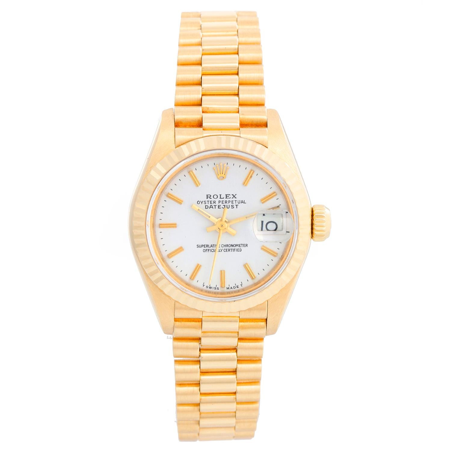 Rolex Ladies President 18K Yellow Gold 69178 Watch - Automatic winding, 29 jewels, Quickset date, sapphire crystal. 18k yellow gold case with Fluted bezel (26mm diameter). White dial with stick hour markers . 18k yellow gold hidden-clasp President
