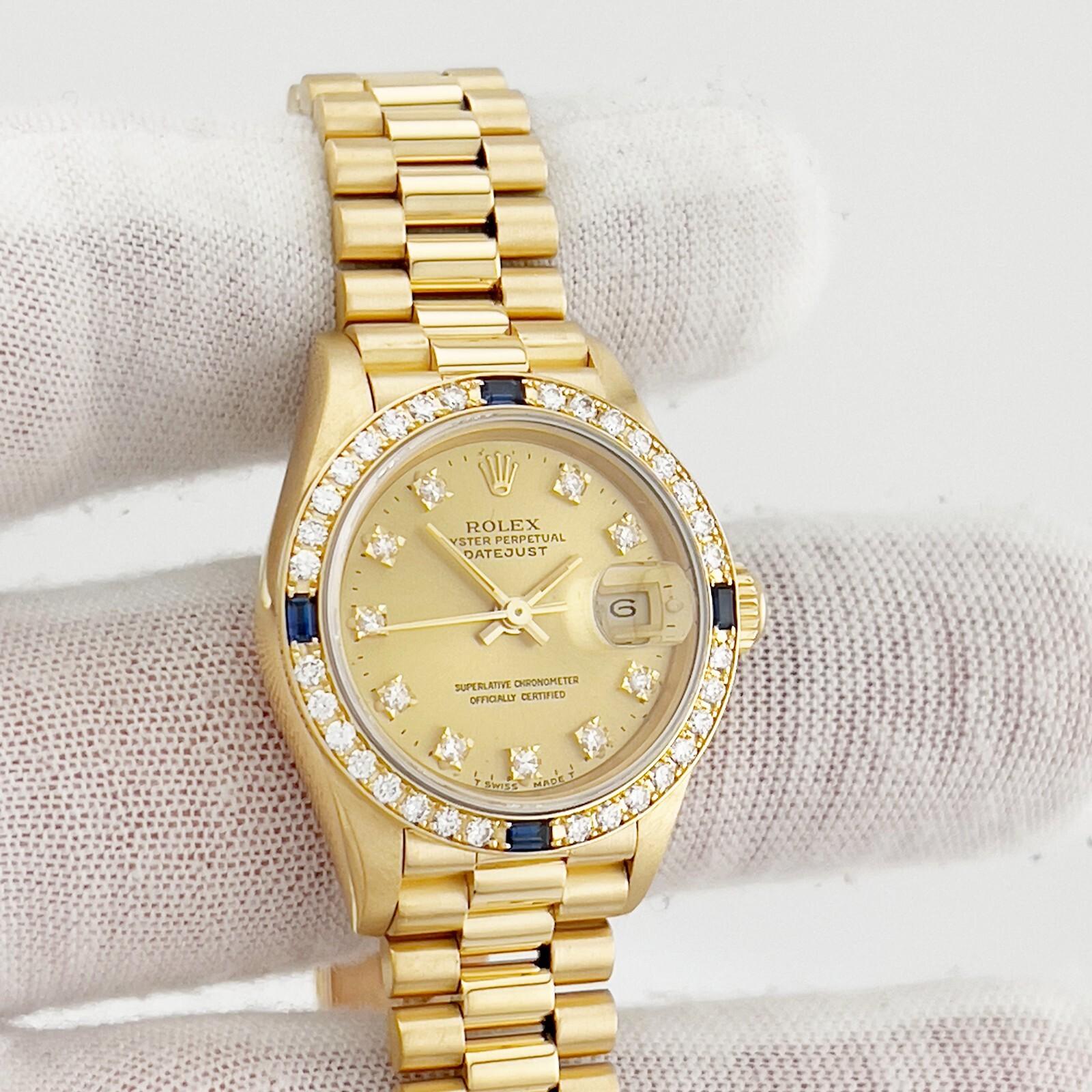Rolex Ladies President 69088 Fabrik Saphir Diamant Lünette und Zifferblatt 18K Gold im Angebot 7
