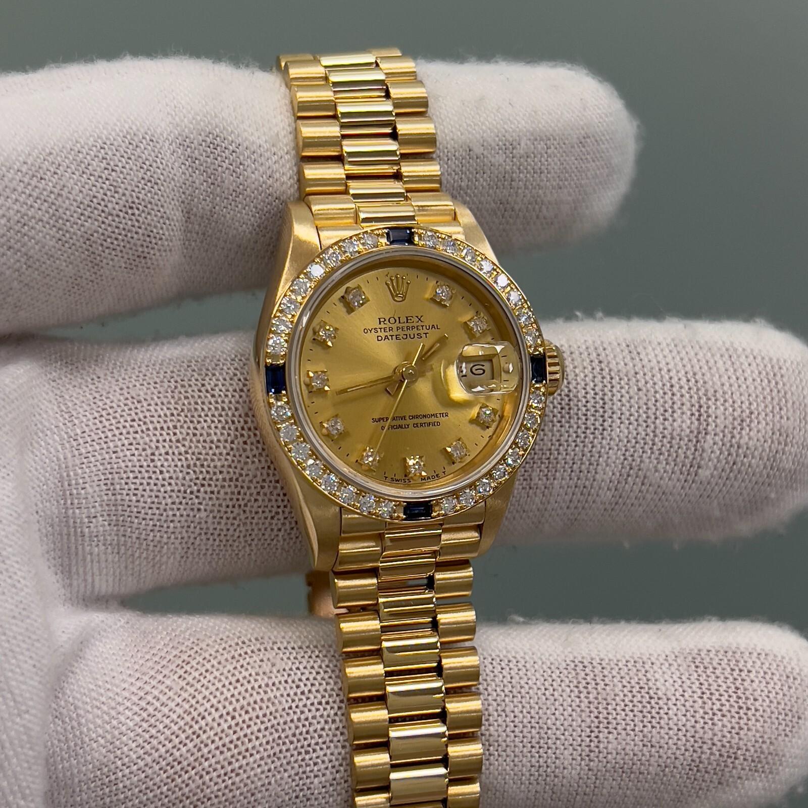Rolex Ladies President 69088 Fabrik Saphir Diamant Lünette und Zifferblatt 18K Gold Damen im Angebot
