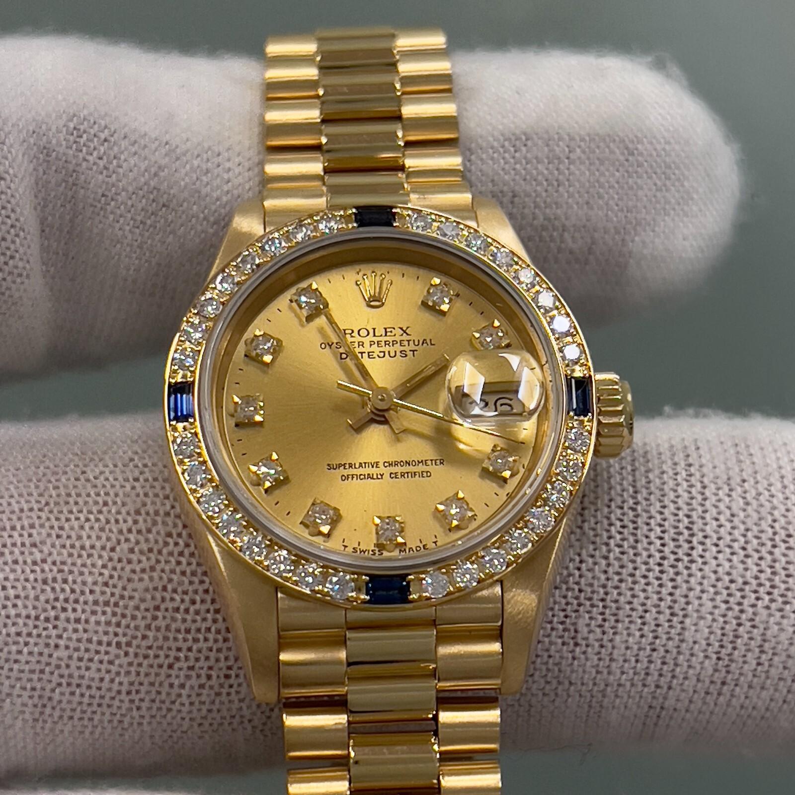 Rolex Ladies President 69088 Fabrik Saphir Diamant Lünette und Zifferblatt 18K Gold im Angebot 2