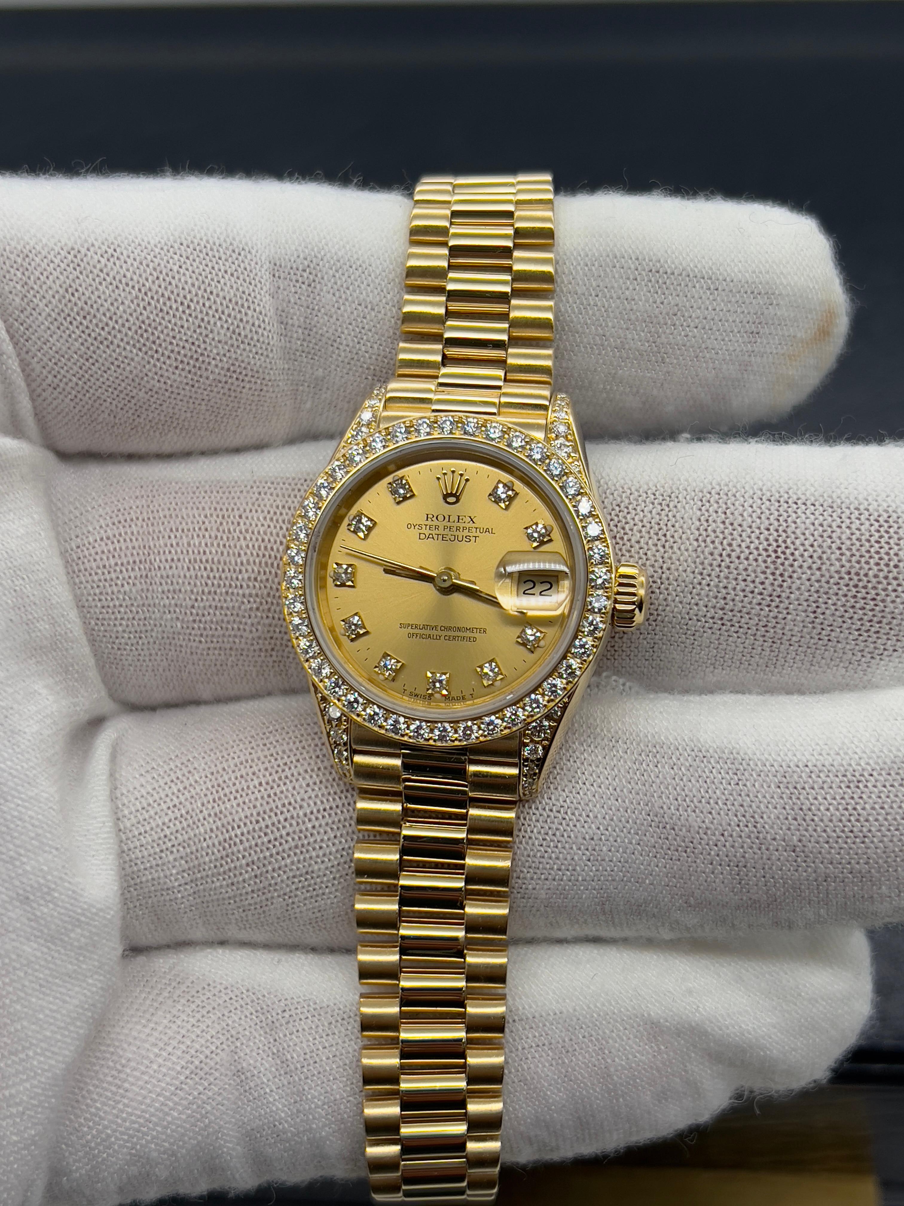 Rolex Ladies President 69158 Factory Diamond Dial Diamond Bezel & Lugs 18K Gold In Excellent Condition For Sale In San Diego, CA