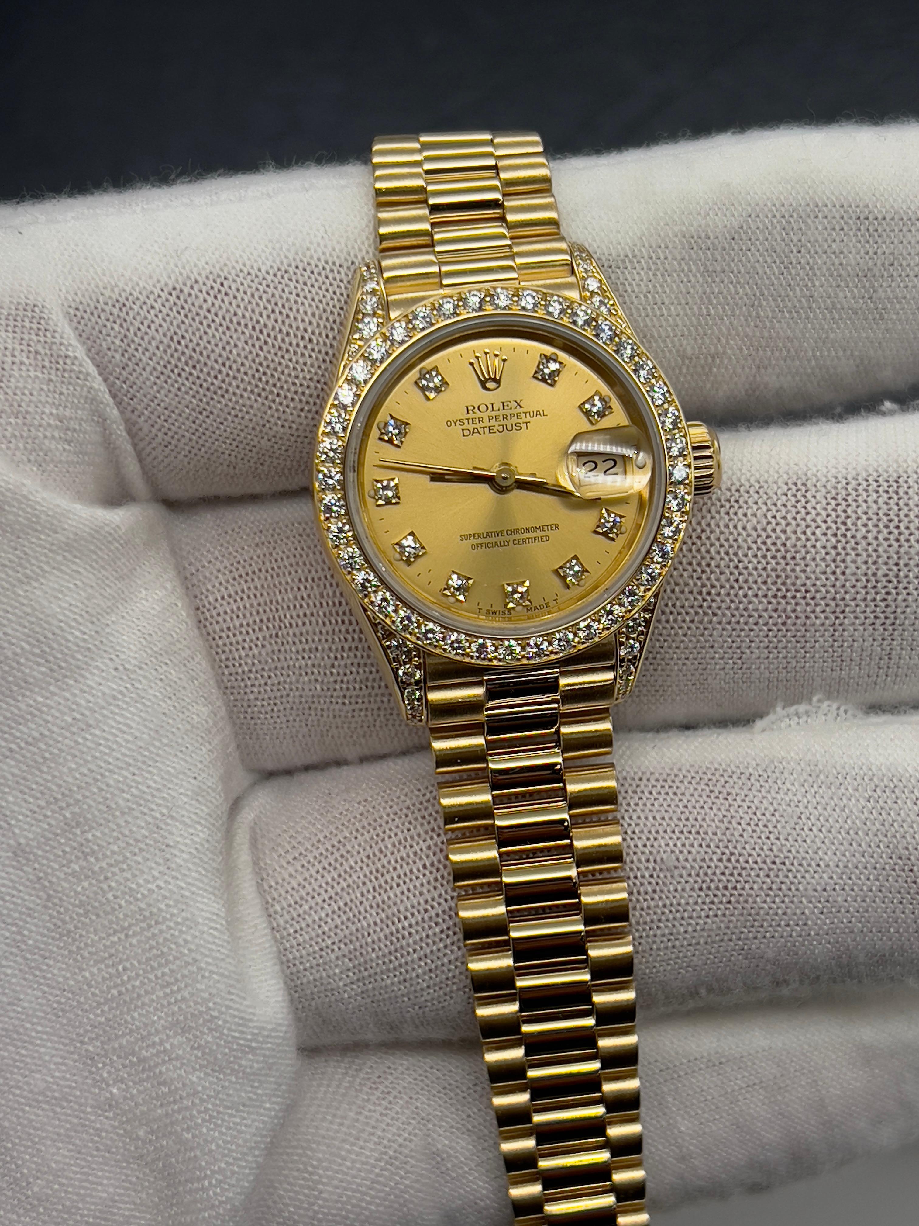 Women's Rolex Ladies President 69158 Factory Diamond Dial Diamond Bezel & Lugs 18K Gold For Sale