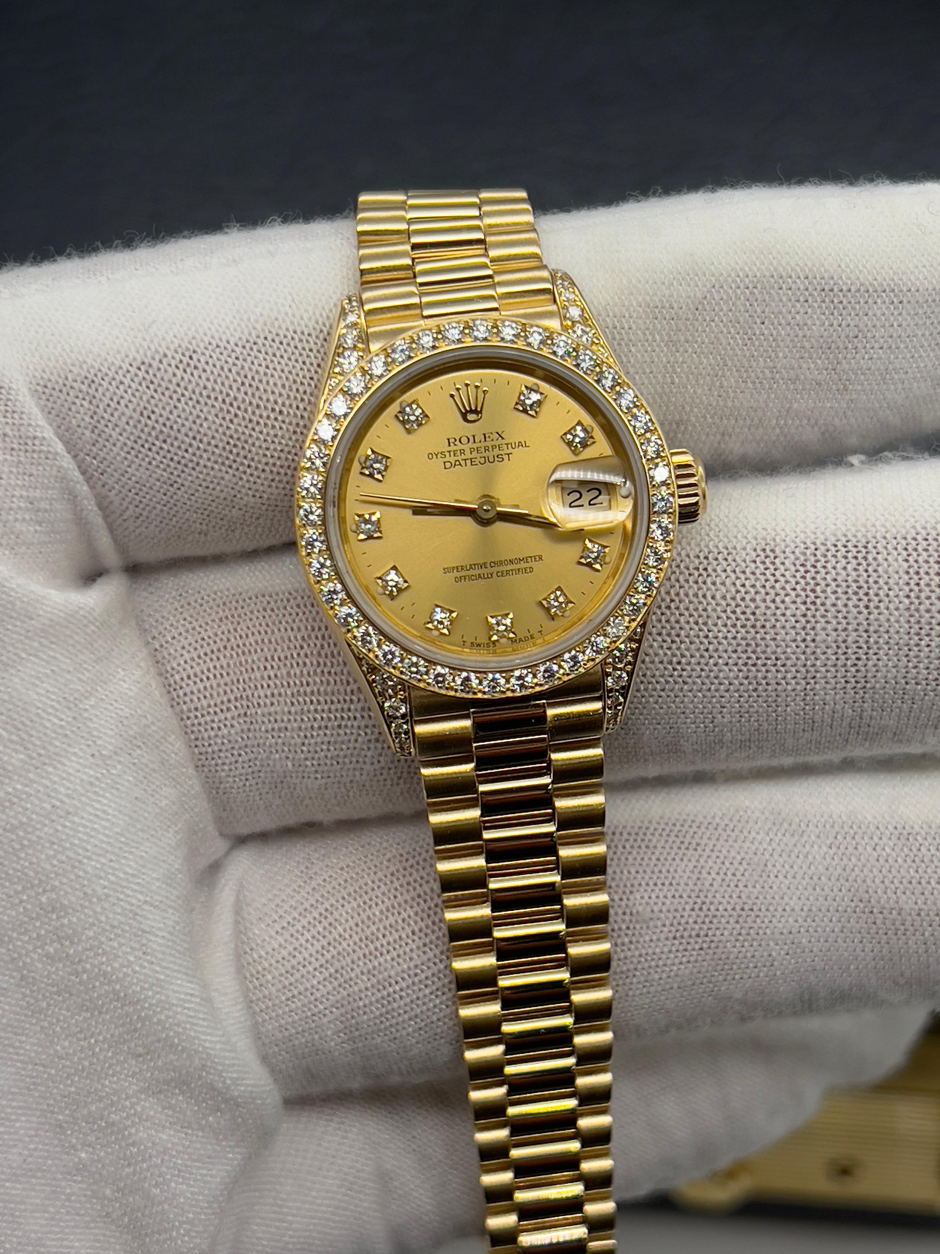 Rolex Ladies President 69158 Factory Diamond Dial Diamond Bezel & Lugs 18K Gold For Sale 1