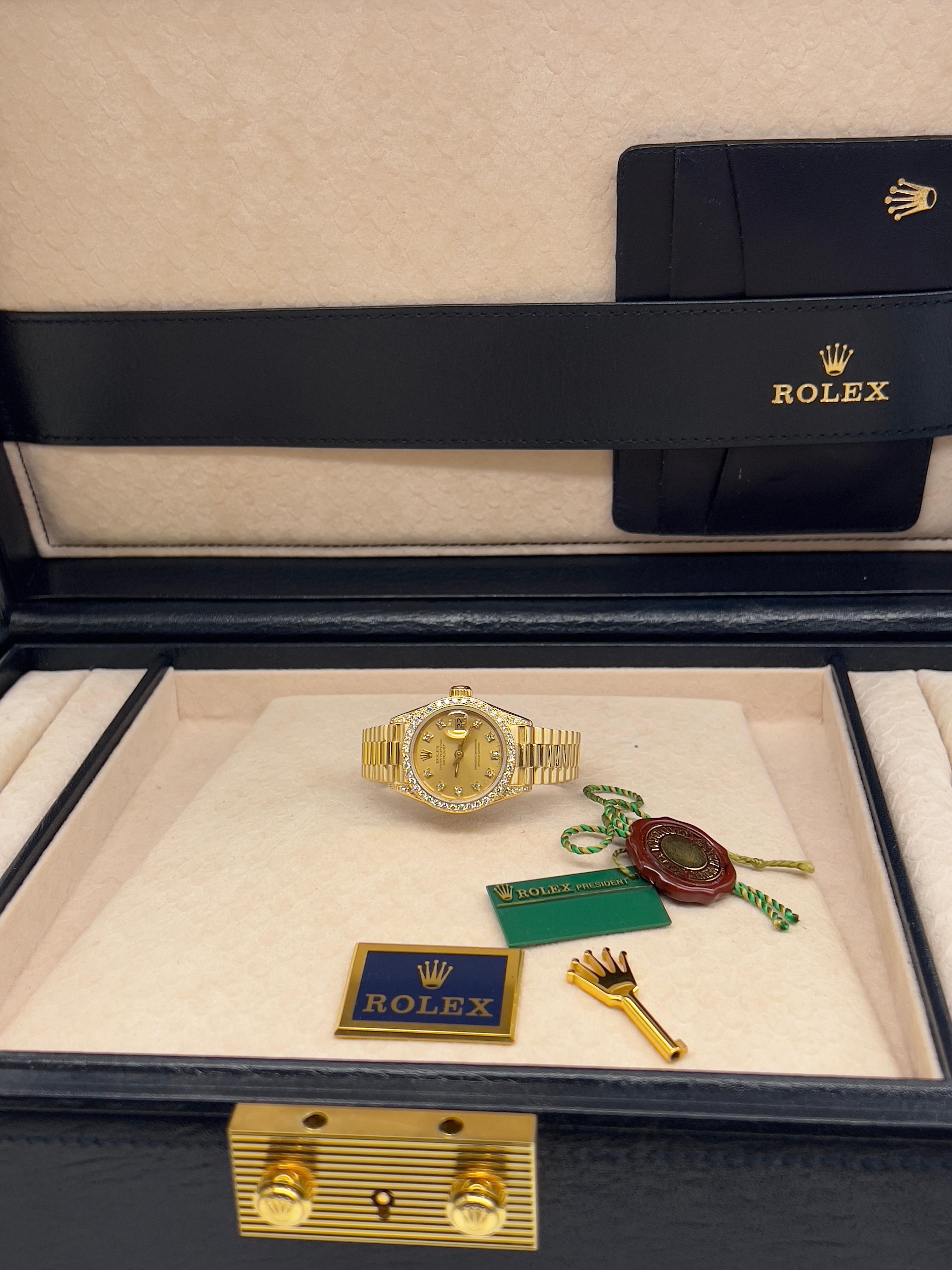 Rolex Ladies President 69158 Factory Diamond Dial Diamond Bezel & Lugs 18K Gold For Sale 3