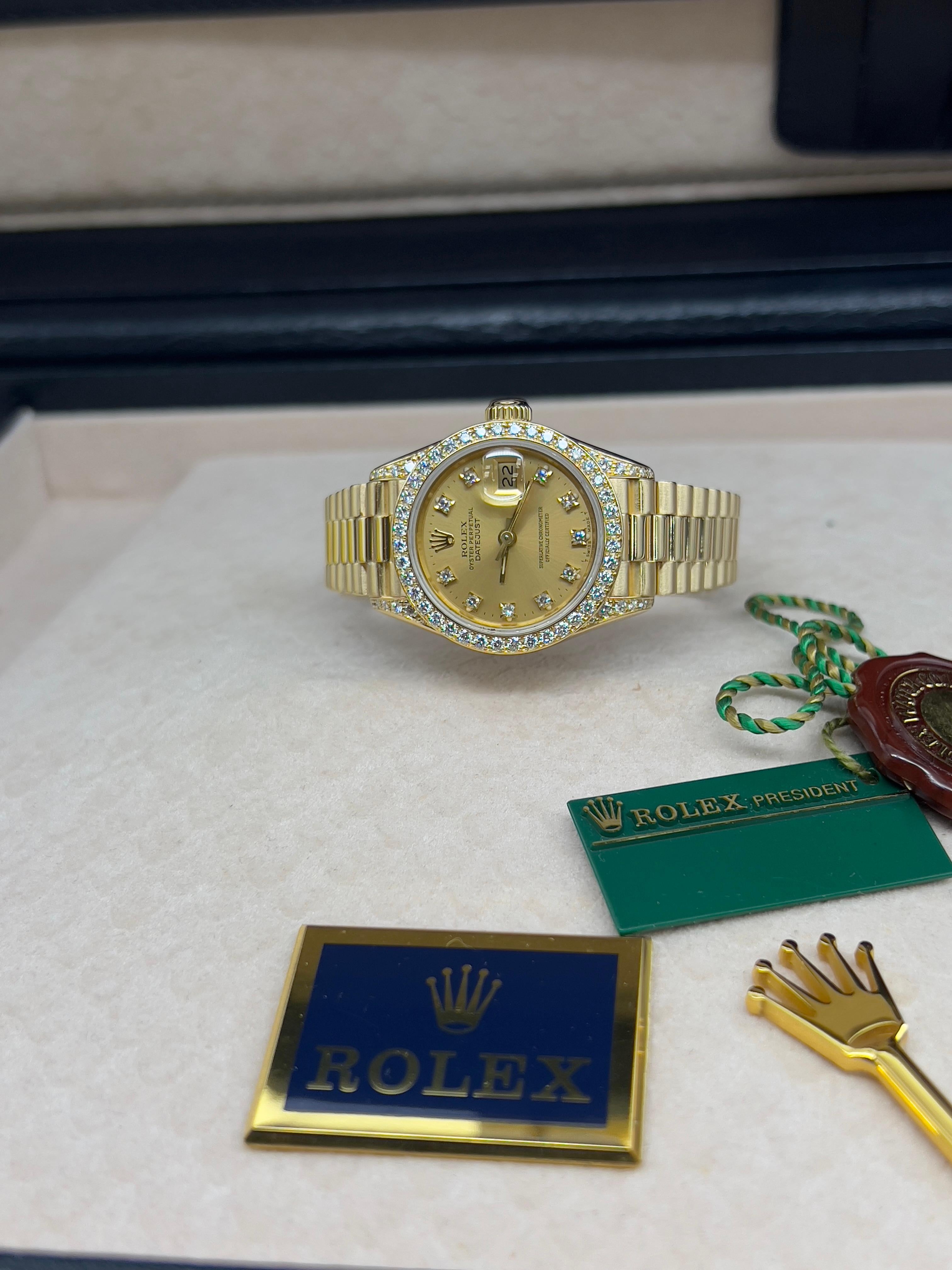 Rolex Ladies President 69158 Factory Diamond Dial Diamond Bezel & Lugs 18K Gold For Sale 4