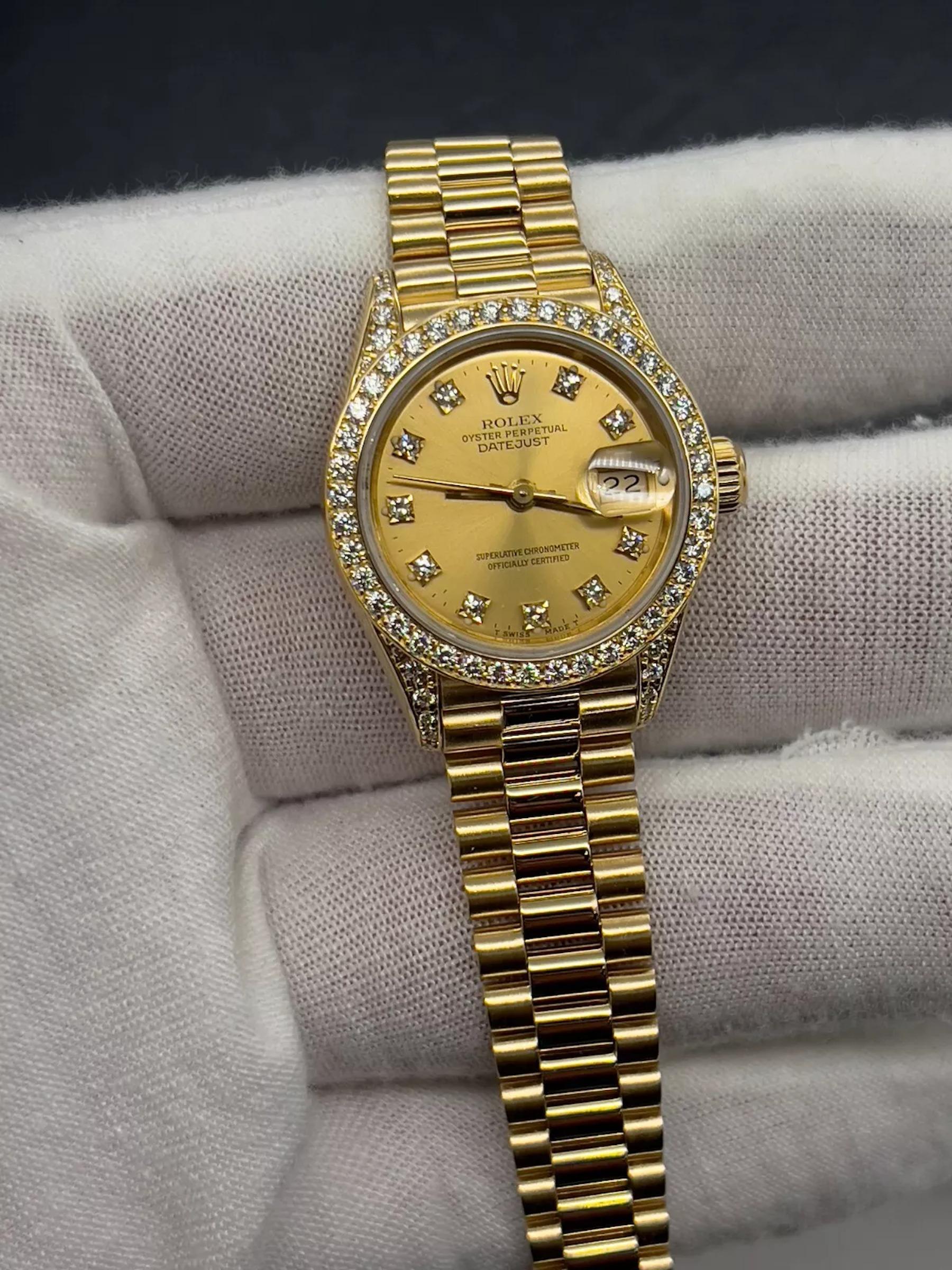 Rolex Señoras Presidente 69158 Fábrica Esfera Diamante Bisel Diamante y Tapones Oro 18K en venta 3