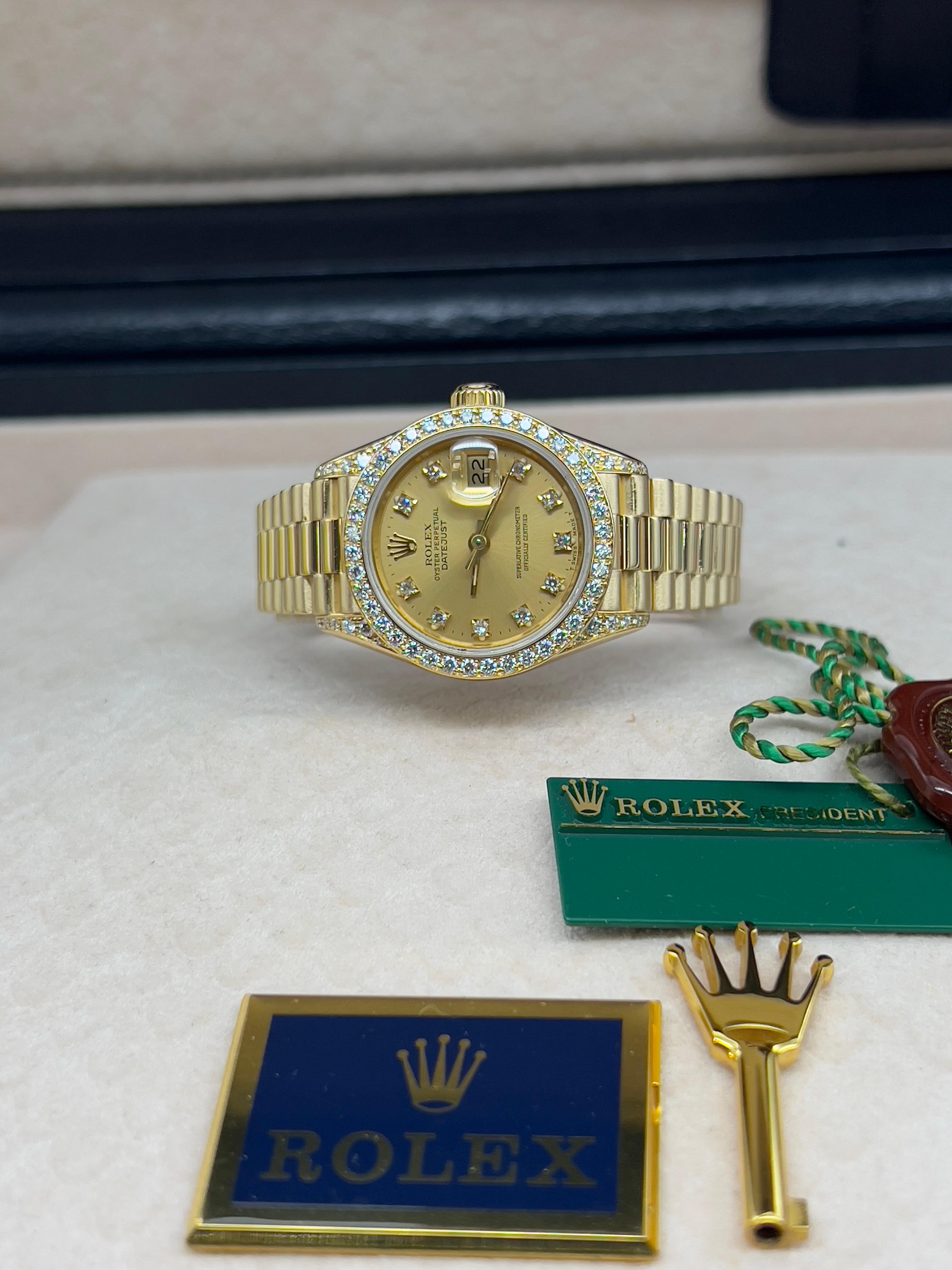 Rolex Ladies President 69158 Factory Diamond Dial Diamond Bezel & Lugs 18K Gold For Sale 5