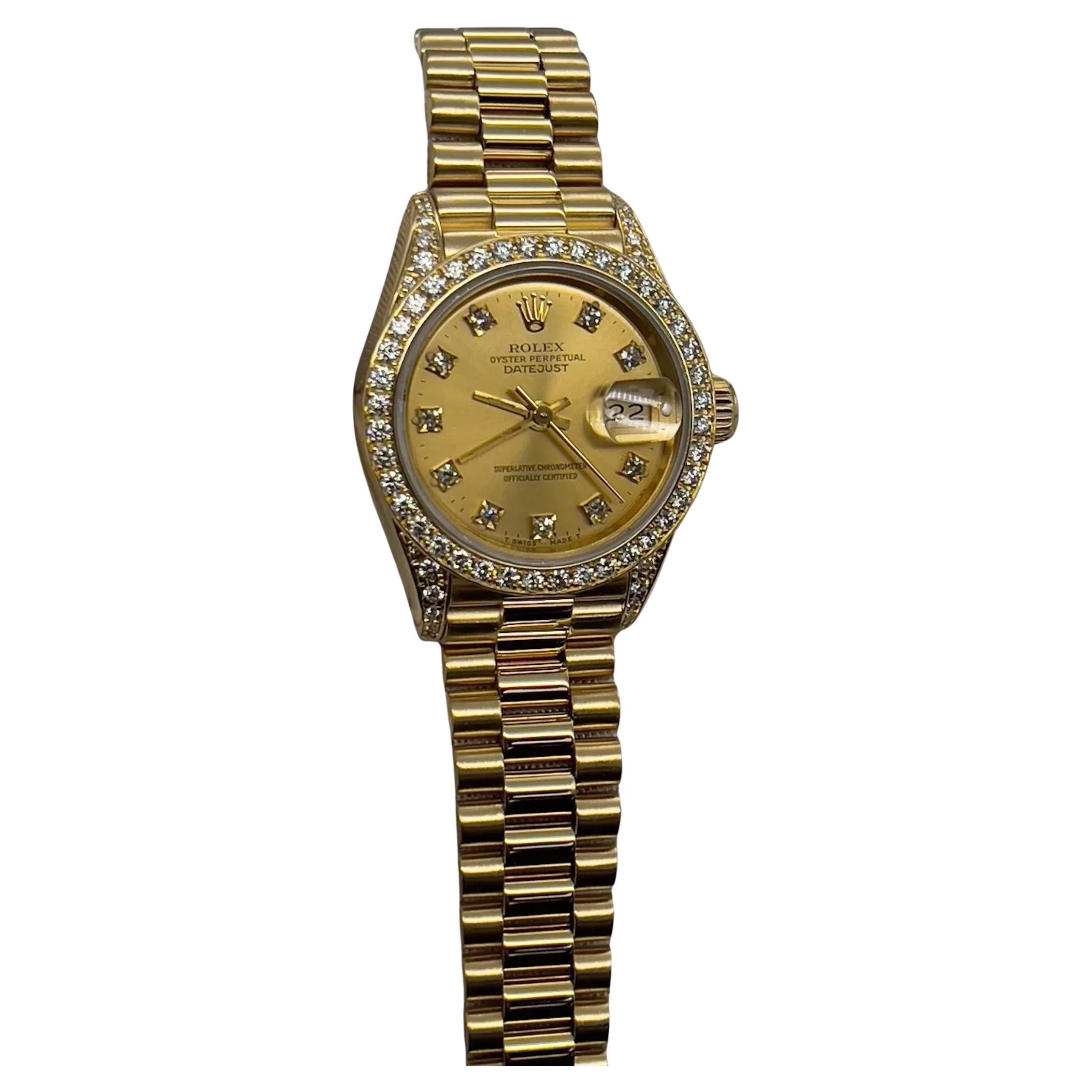 Rolex Señoras Presidente 69158 Fábrica Esfera Diamante Bisel Diamante y Tapones Oro 18K