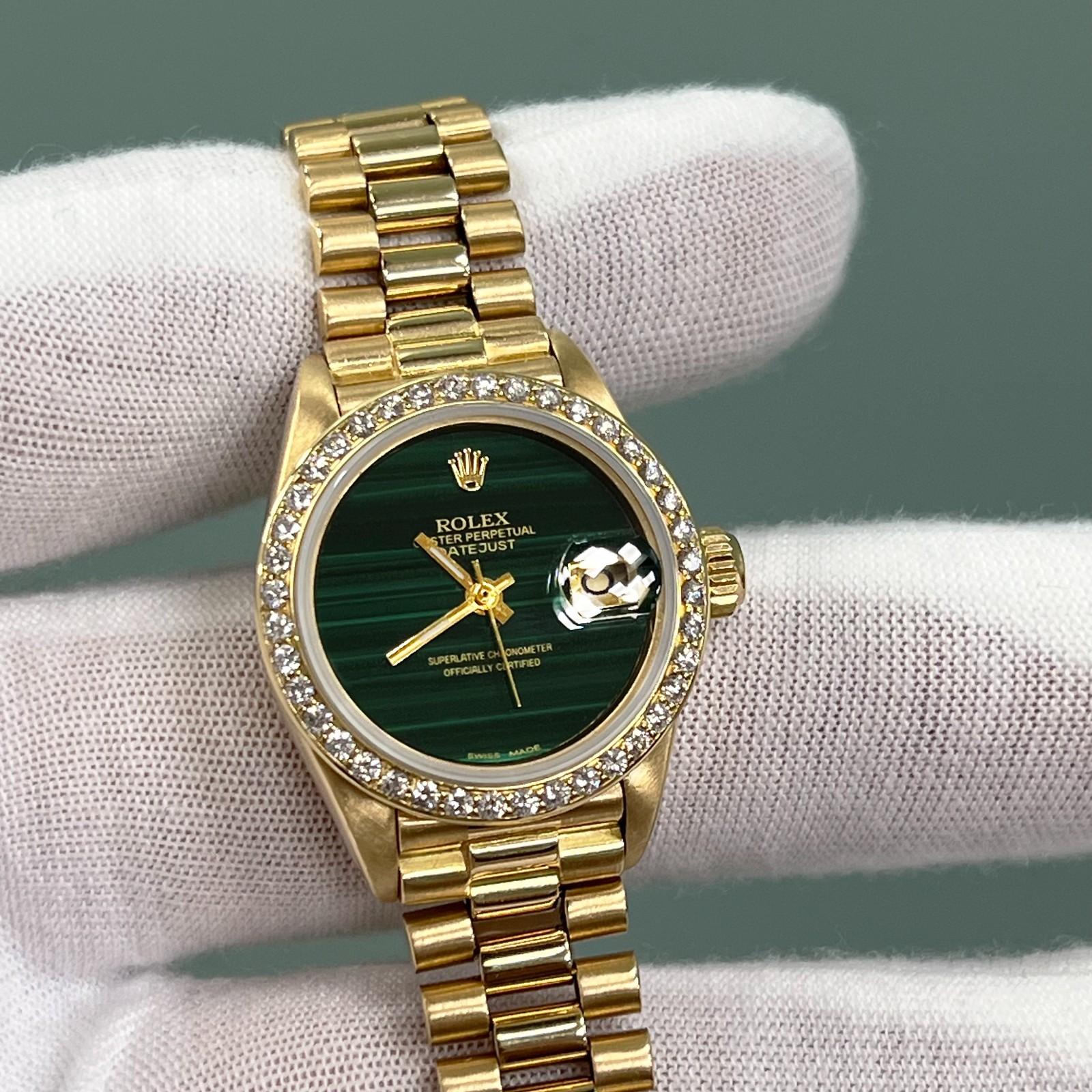Rolex Ladies President 6917 Malachit Zifferblatt Diamant Lünette 18K Gelbgold Damen im Angebot