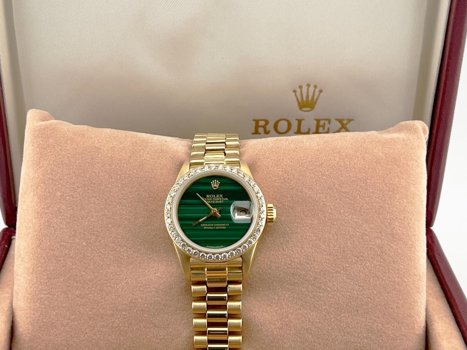 Rolex Ladies President 6917 Malachit Zifferblatt Diamant Lünette 18K Gelbgold im Angebot 5