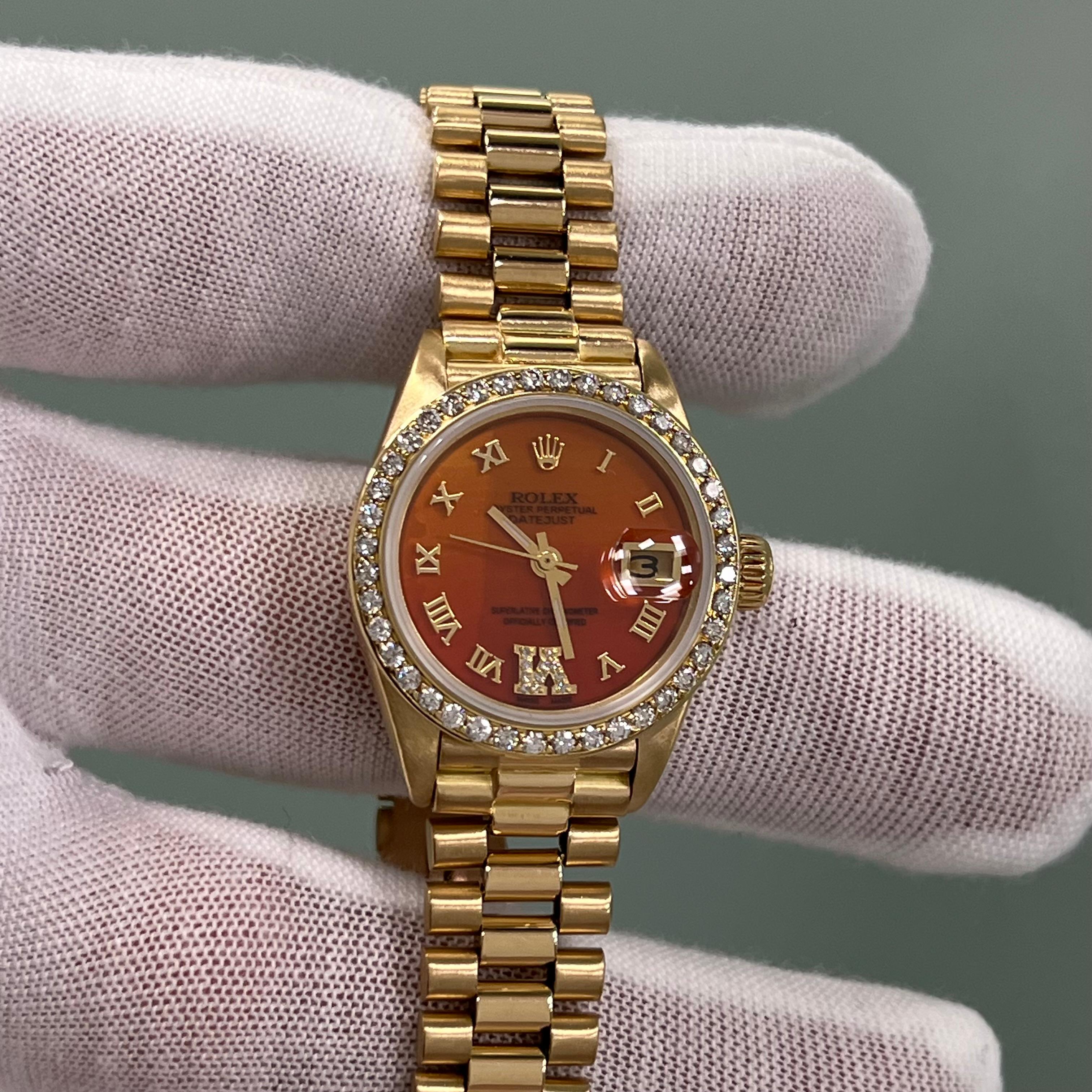 Rolex Ladies President 6917 Orange Carnelian Dial Diamond Bezel 18K Yellow Gold For Sale 6