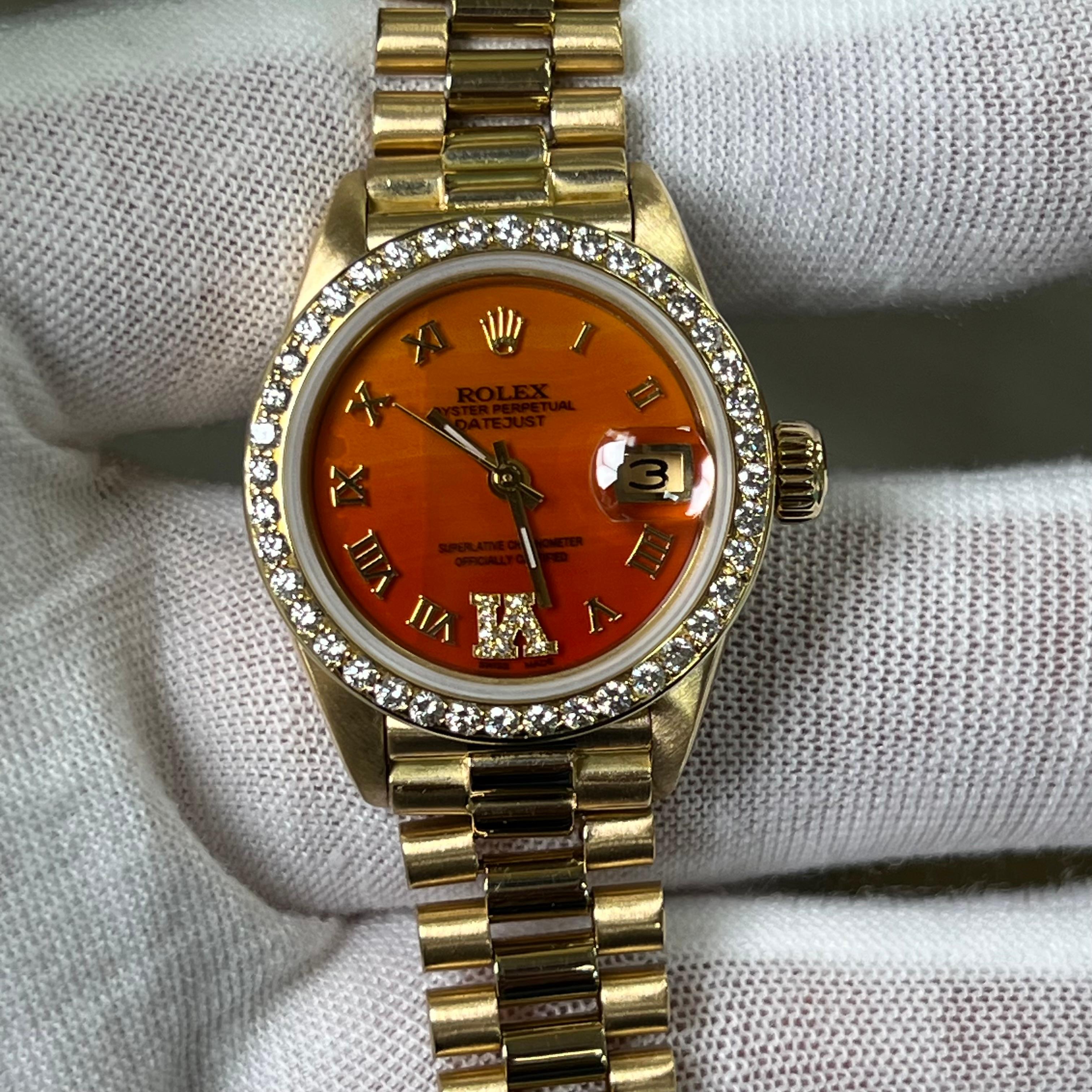 Rolex Ladies President 6917 Orange Carnelian Dial Diamond Bezel 18K Yellow Gold For Sale 7