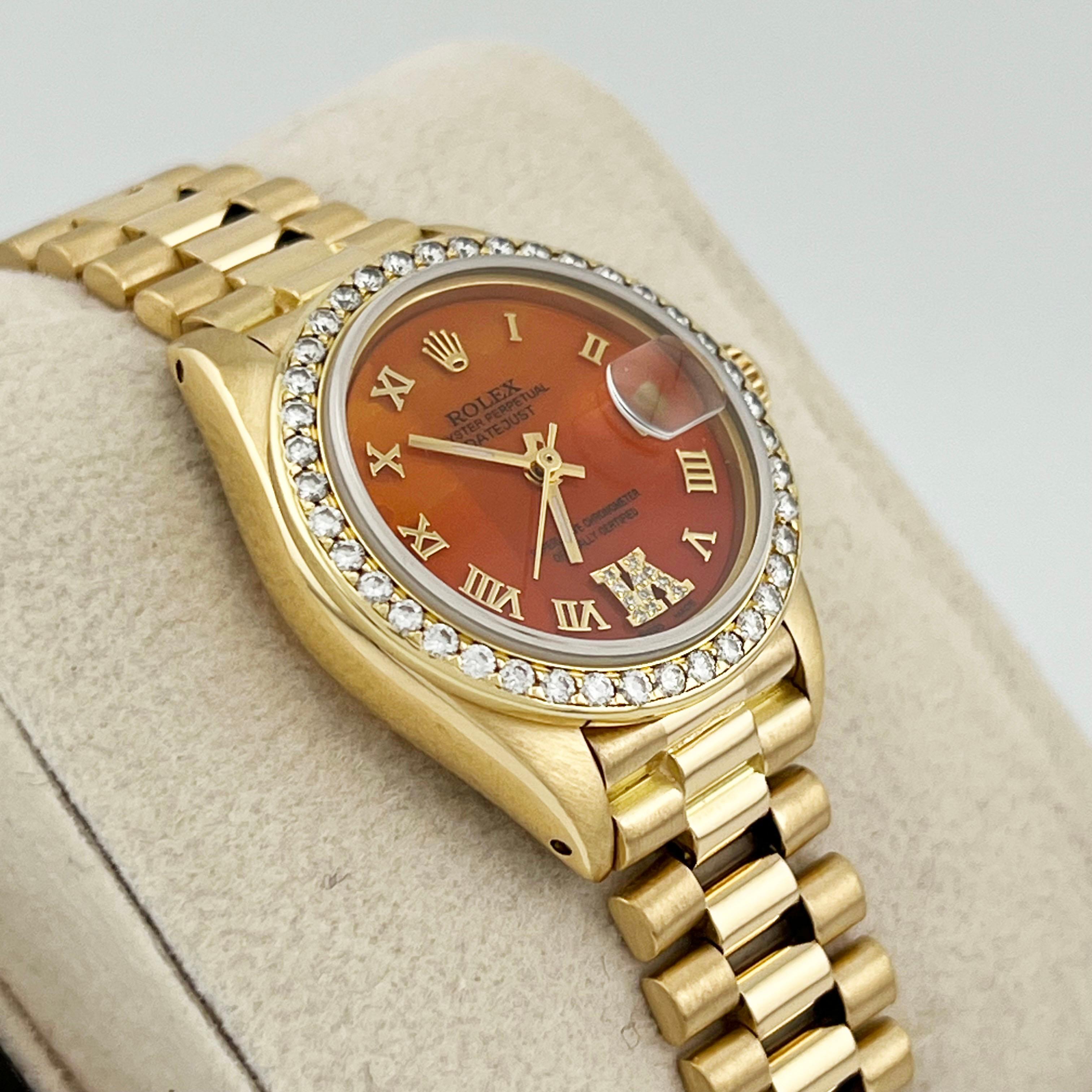 Rolex Ladies President 6917 Orange Carnelian Dial Diamond Bezel 18K Yellow Gold In Excellent Condition For Sale In San Diego, CA