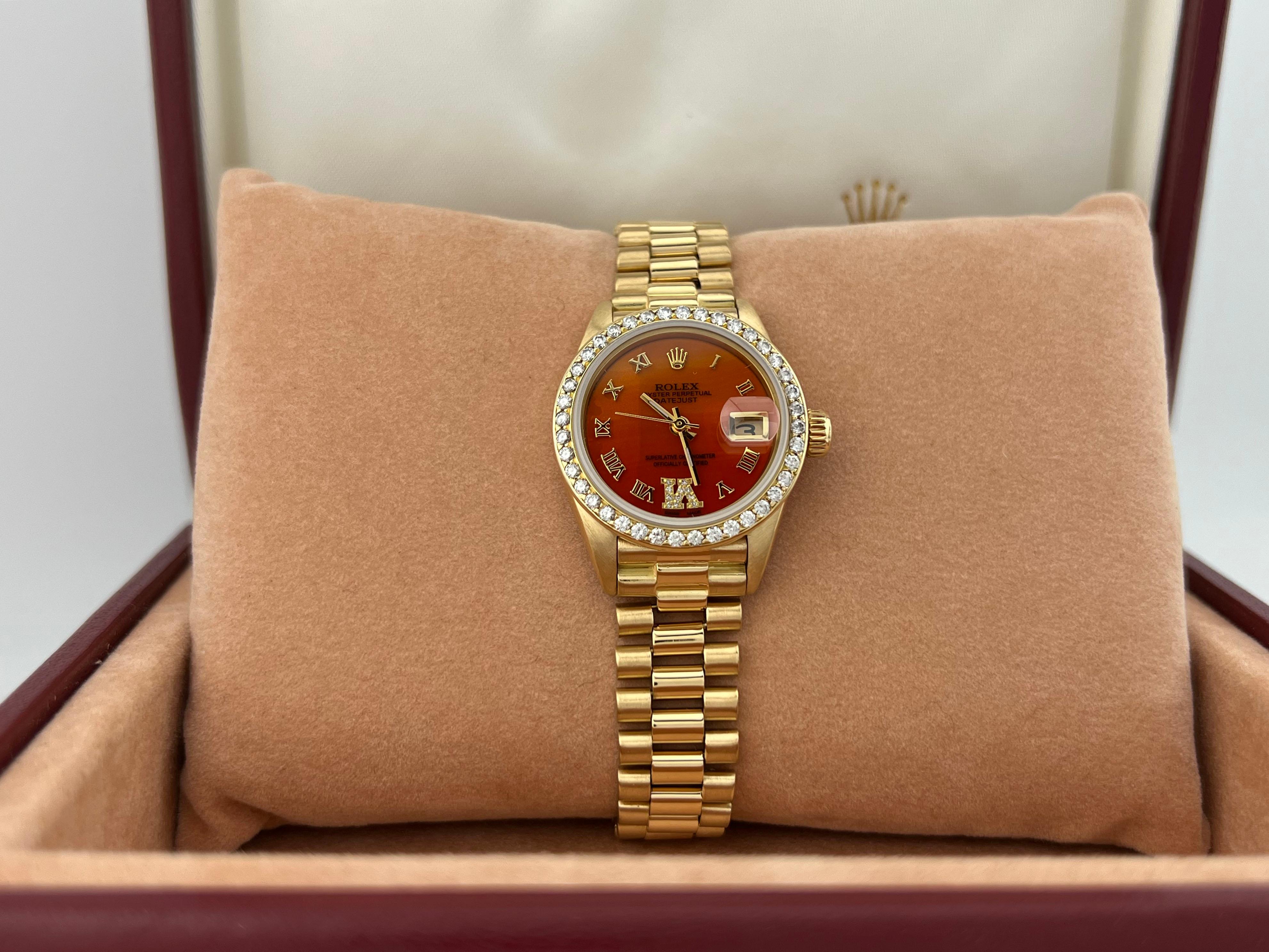 Rolex Ladies President 6917 Orange Carnelian Dial Diamond Bezel 18K Yellow Gold For Sale 4