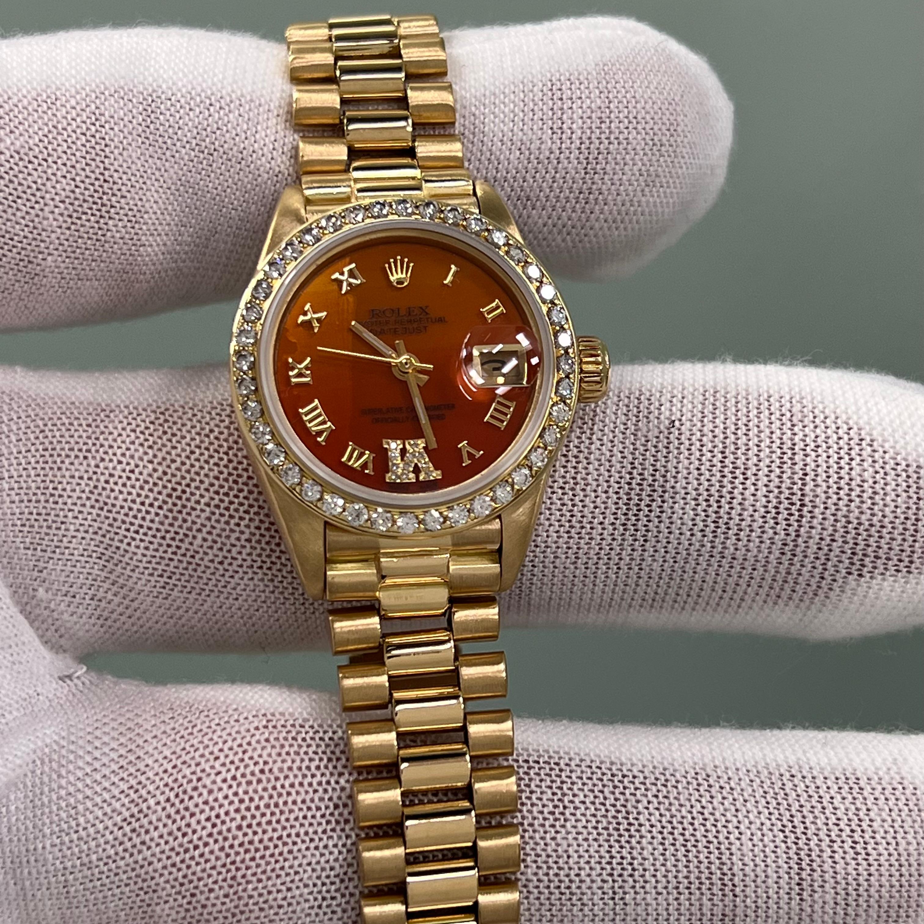 Rolex Ladies President 6917 Orange Carnelian Dial Diamond Bezel 18K Yellow Gold For Sale 5