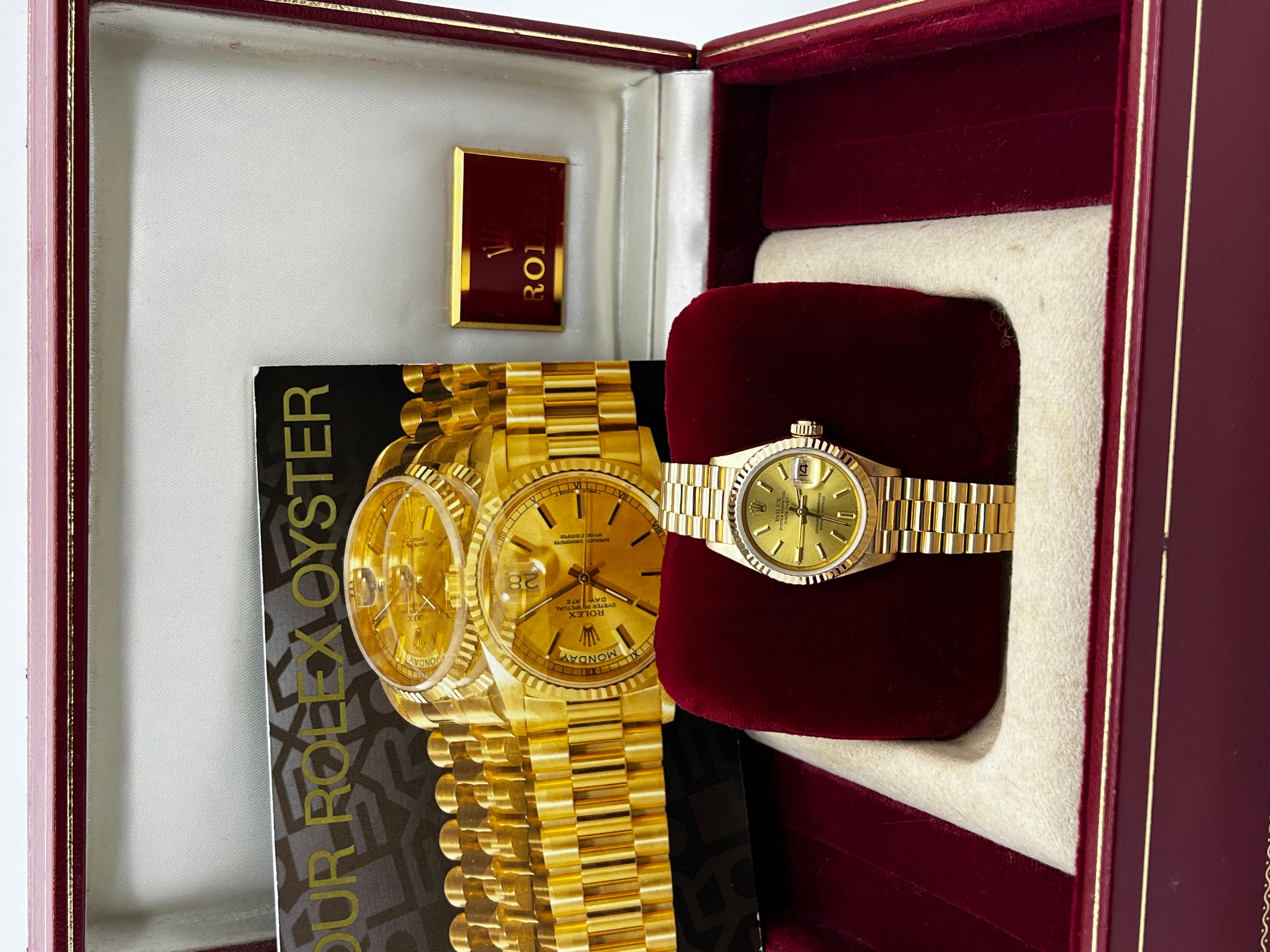 Rolex Damen Präsident 69178 Champagner-Zifferblatt 18K Gelbgold Box Buchstabe Mint im Zustand „Hervorragend“ in San Diego, CA
