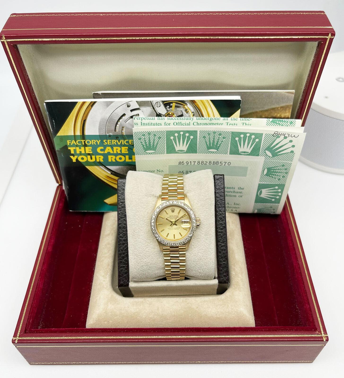 Rolex Ladies President 69178 Champagne Dial Diamond Bezel 18K Gold Box Paper In Excellent Condition In San Diego, CA