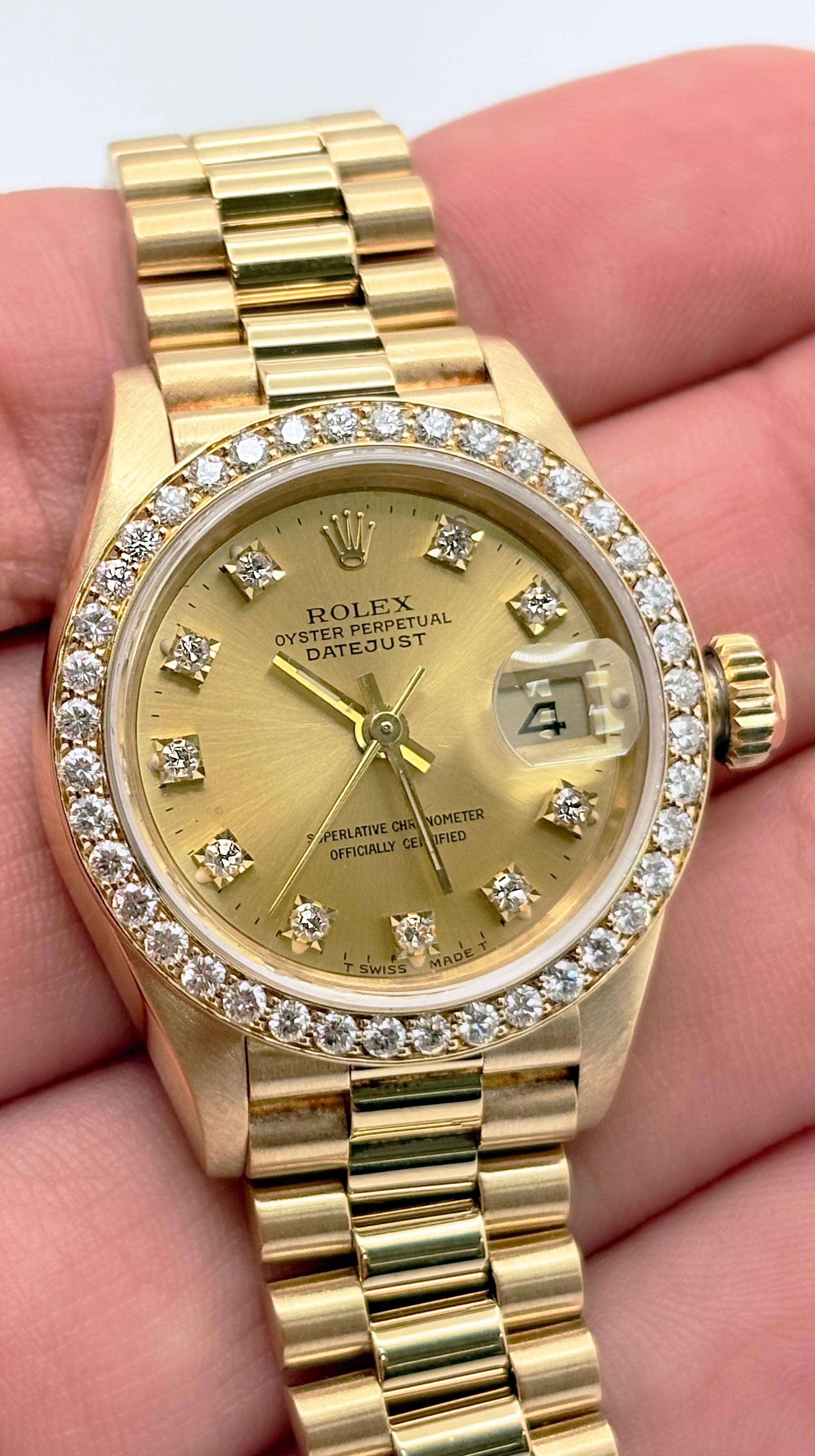 Rolex Señoras Presidente 69178 Champagne Diamond Dial Diamond Bisel 18K Oro en venta 5