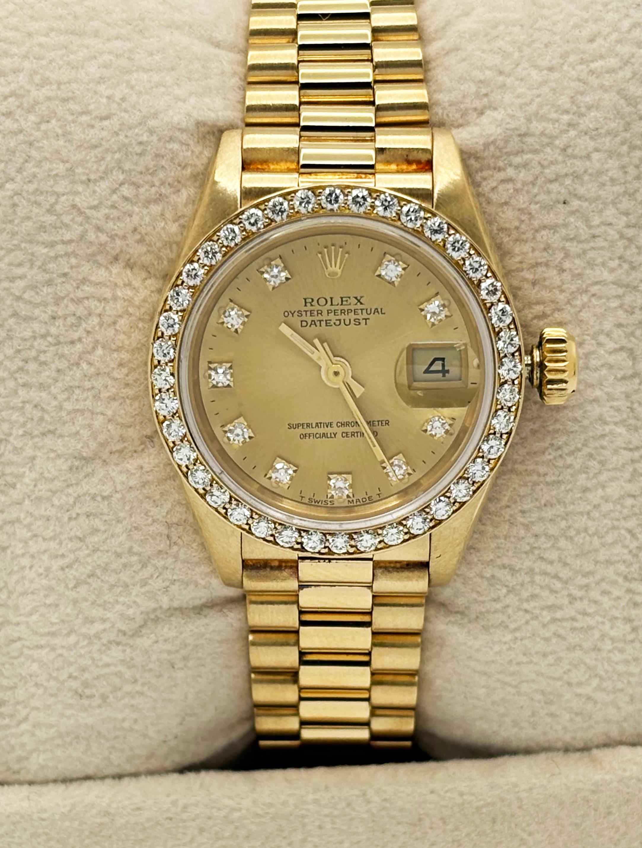 Rolex Señoras Presidente 69178 Champagne Diamond Dial Diamond Bisel 18K Oro en venta 6