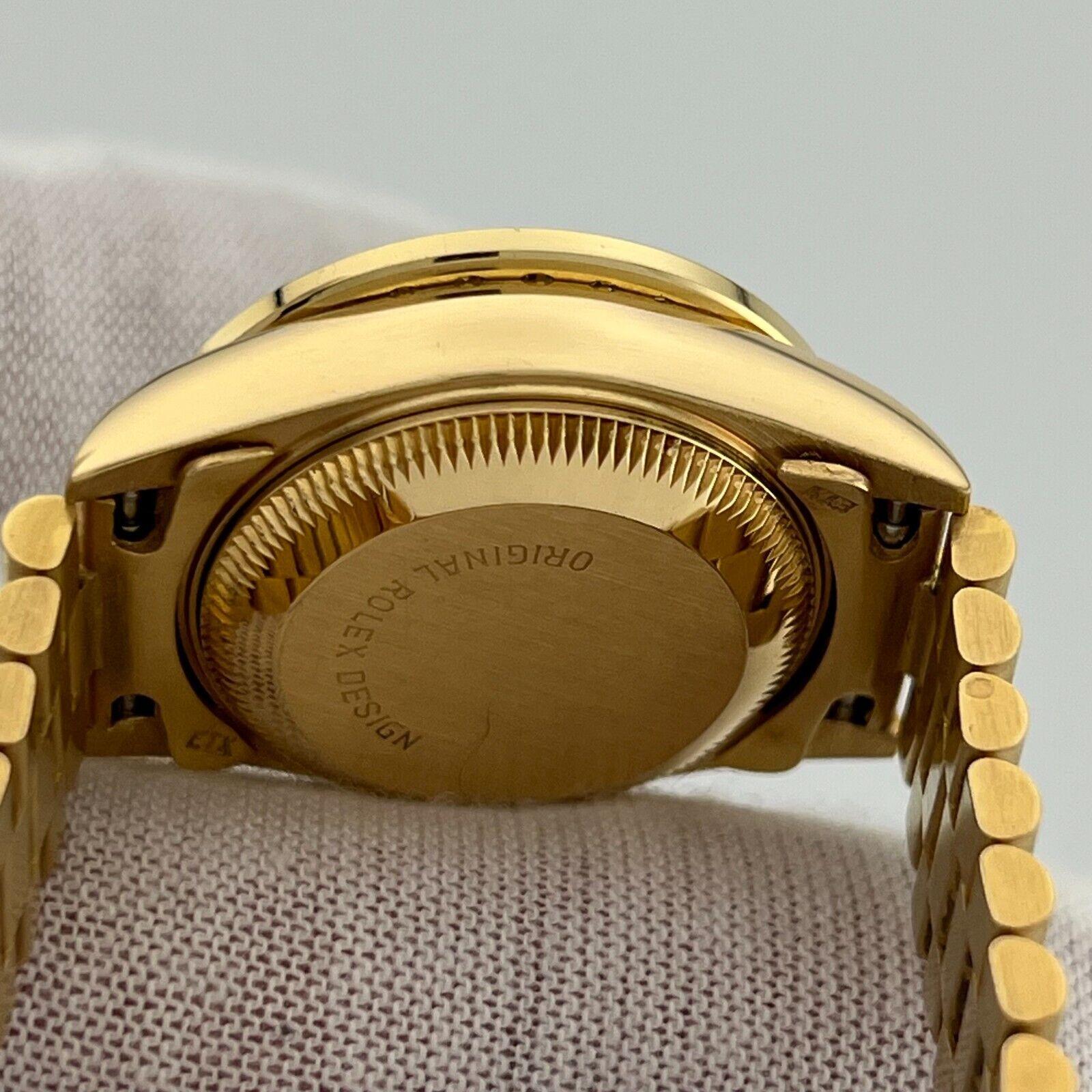 Style Number: 69178

Serial: 9802***

Year: 1987

Model: Rolex Ladies President

Case Material: 18K Yellow Gold

Band: Aftermarket 18K Yellow Gold 

Bezel: Custom Diamond Bezel

Dial: Custom Champagne Diamond Dial

Face: Sapphire Crystal

Case Size: