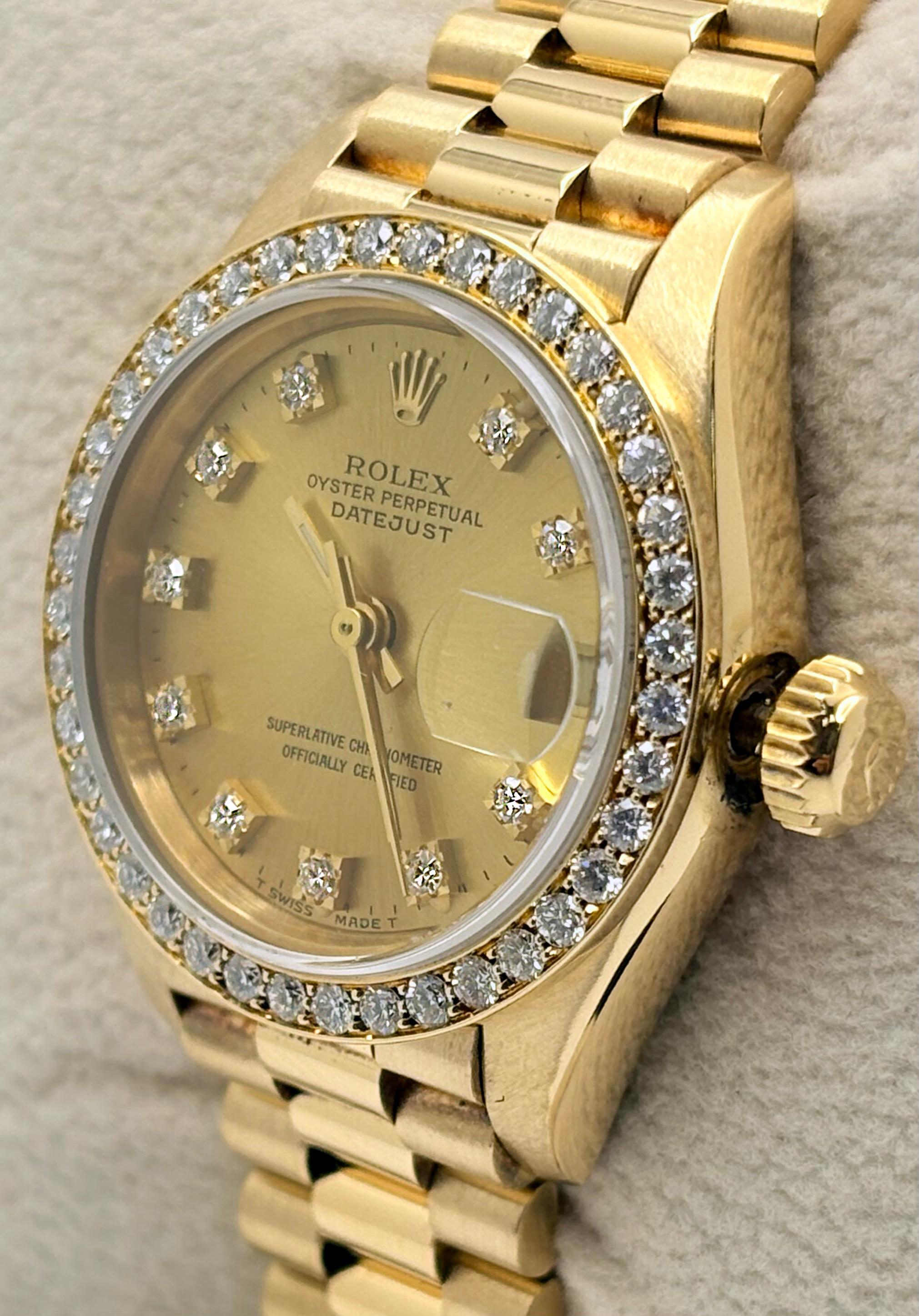 Rolex Señoras Presidente 69178 Champagne Diamond Dial Diamond Bisel 18K Oro en Excelente estado para la venta en San Diego, CA