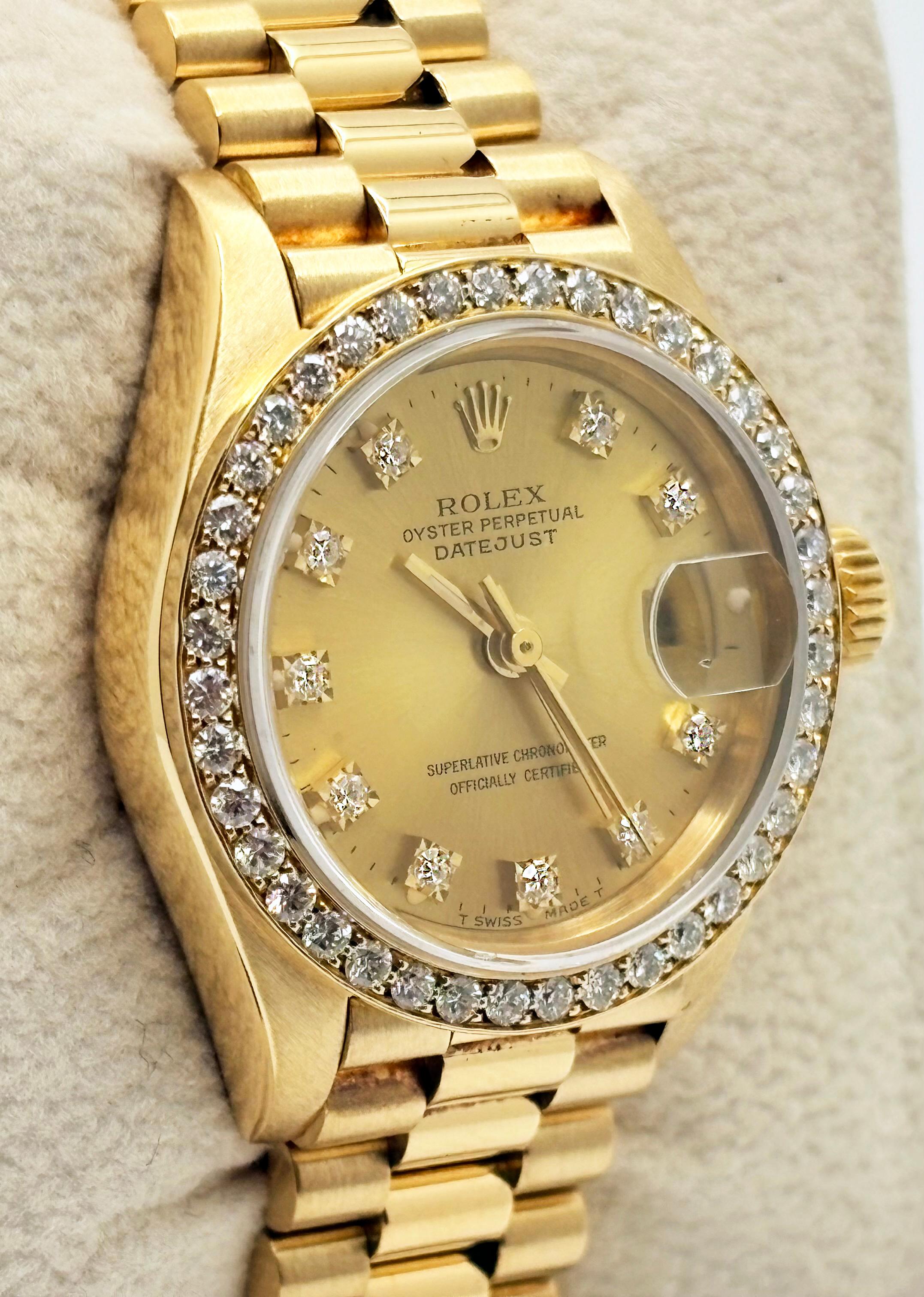 Rolex Señoras Presidente 69178 Champagne Diamond Dial Diamond Bisel 18K Oro en venta 1