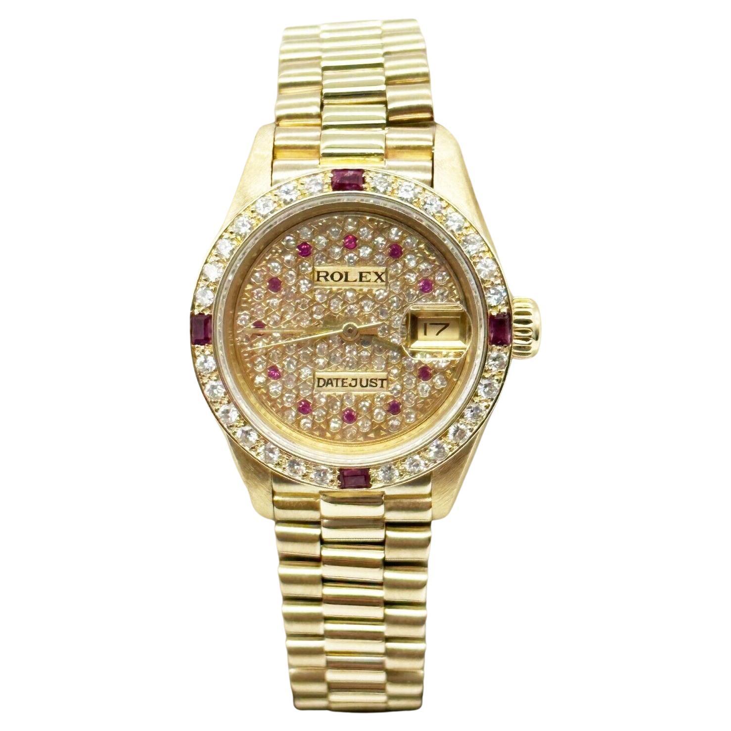 Rolex Ladies President 69178 Diamond and Ruby Dial and Bezel 18k Yellow Gold For Sale