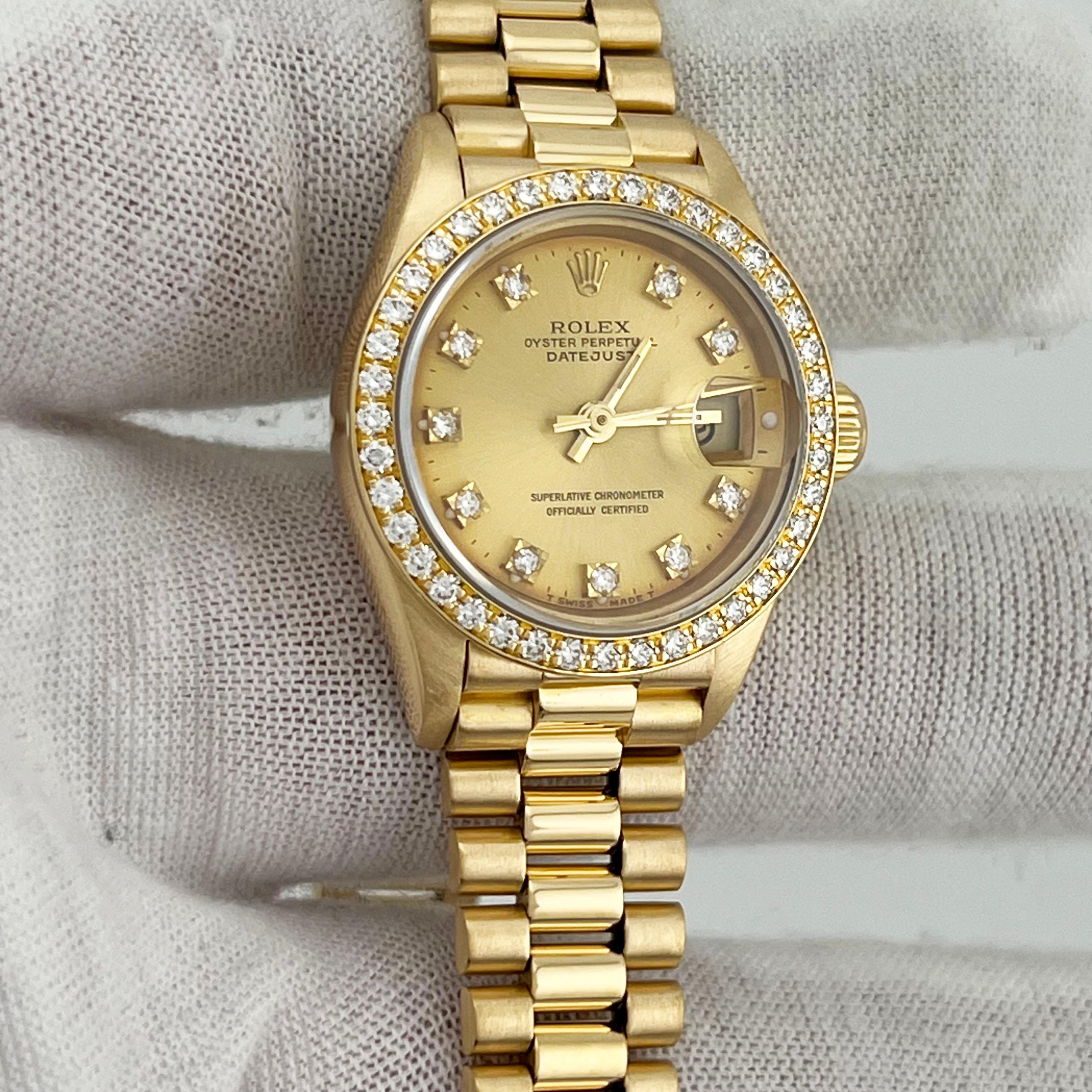 Rolex Damen President 69178 Fabrik Diamant-Lünette-Diamant-Zifferblatt 18K Gelbgold im Zustand „Hervorragend“ in San Diego, CA