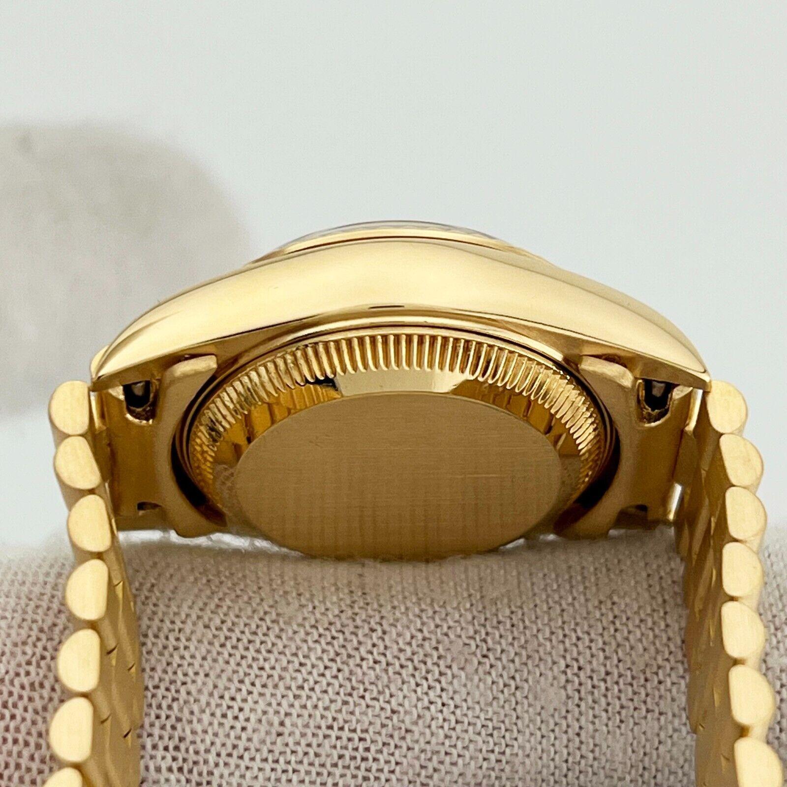 Style Number: 69178

Serial: 8618**

Year: 1985

Model: Rolex Ladies President Datejust

Case Material: 18K Yellow Gold  

Band: 18K Yellow Gold 

Bezel: 18K Yellow Gold 

Dial: Custom White Diamond Dial 

Face: Sapphire Crystal 

Case Size: 26mm