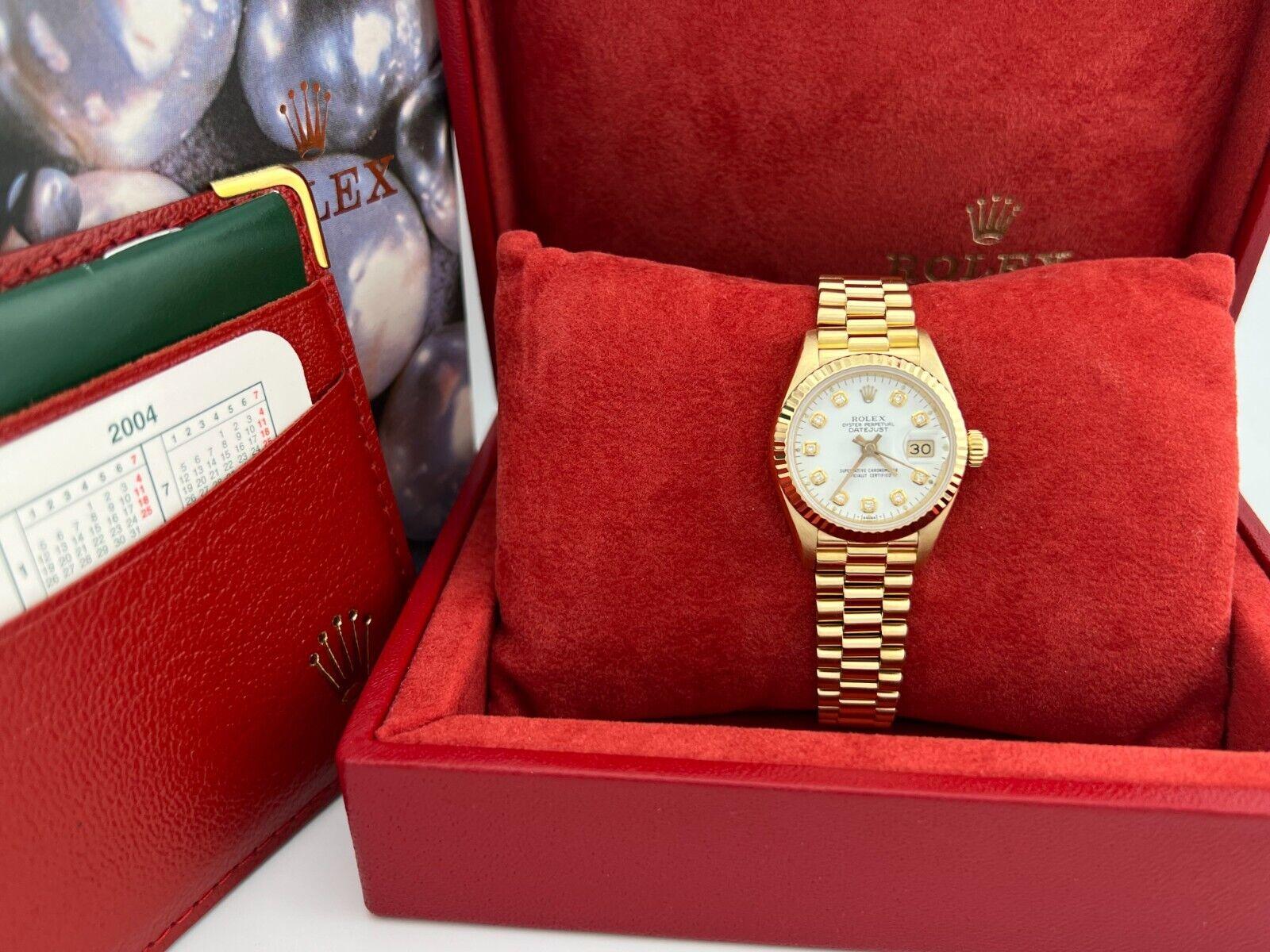 Rolex Ladies President 69178 White Diamond Dial 18K Yellow Gold Box Booklet 26mm In Excellent Condition In San Diego, CA