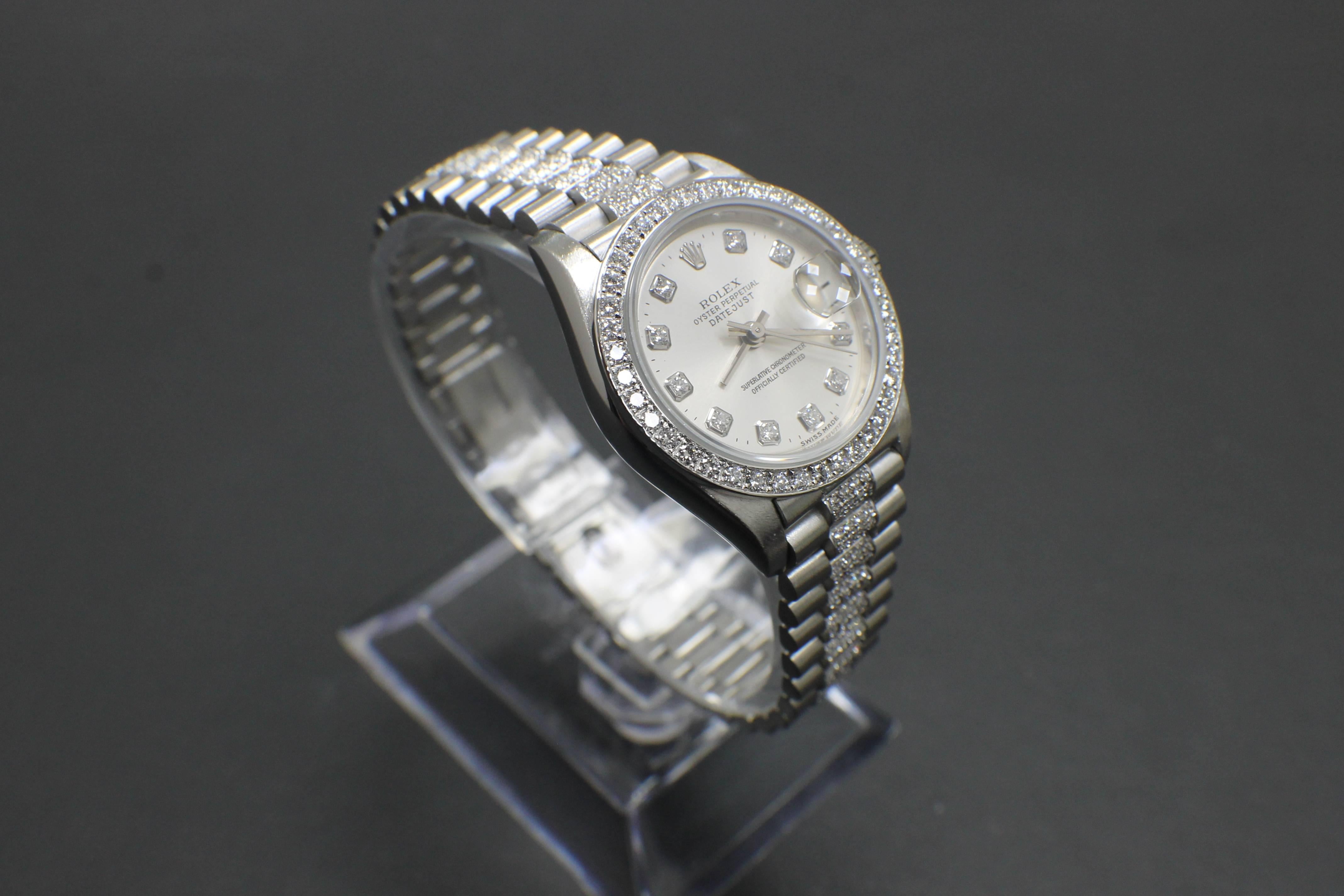 Round Cut Rolex Ladies President 79136 Platinum Diamond Bezel Dial and Band Box and Papers