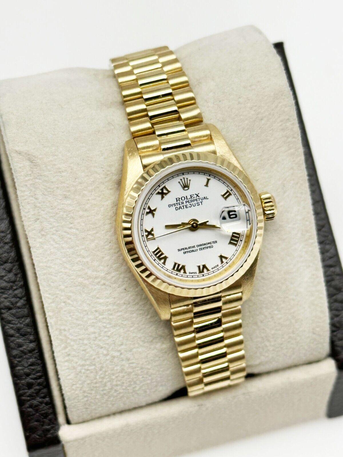 Style Number: 79178

 

Serial: K218***


Year: 2000

 

Model: Ladies President 

 

Case Material: 18K Yellow Gold 

 

Band: 18K Yellow Gold 

 

Bezel: 18K Yellow Gold 

 

Dial: White Roman Numeral Dial 

 

Face: Sapphire Crystal 

 

Case