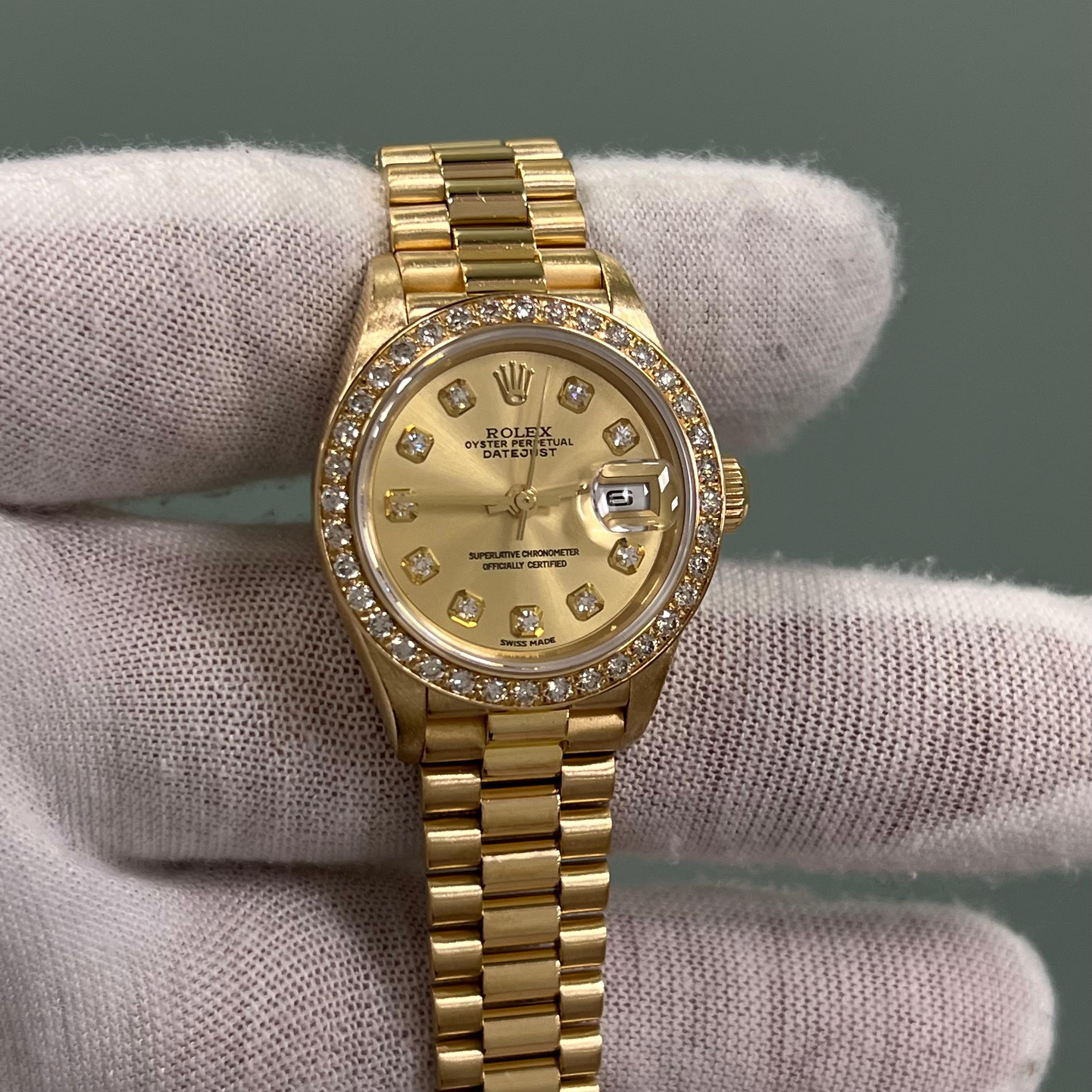 Rolex Ladies President 79178 Factory Diamond Bezel Diamond Dial 18K Yellow Gold In Excellent Condition In San Diego, CA