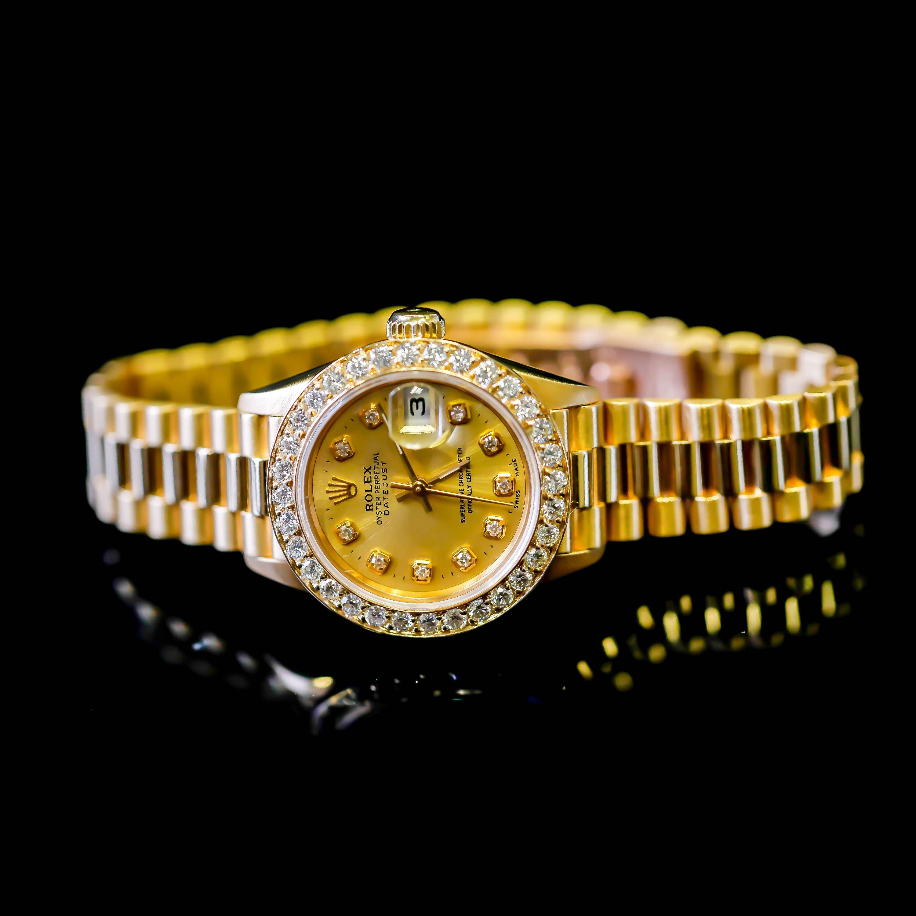 Rolex Ladies President Datejust 18 Karat Gold Custom Diamond Dial and Bezel For Sale 2