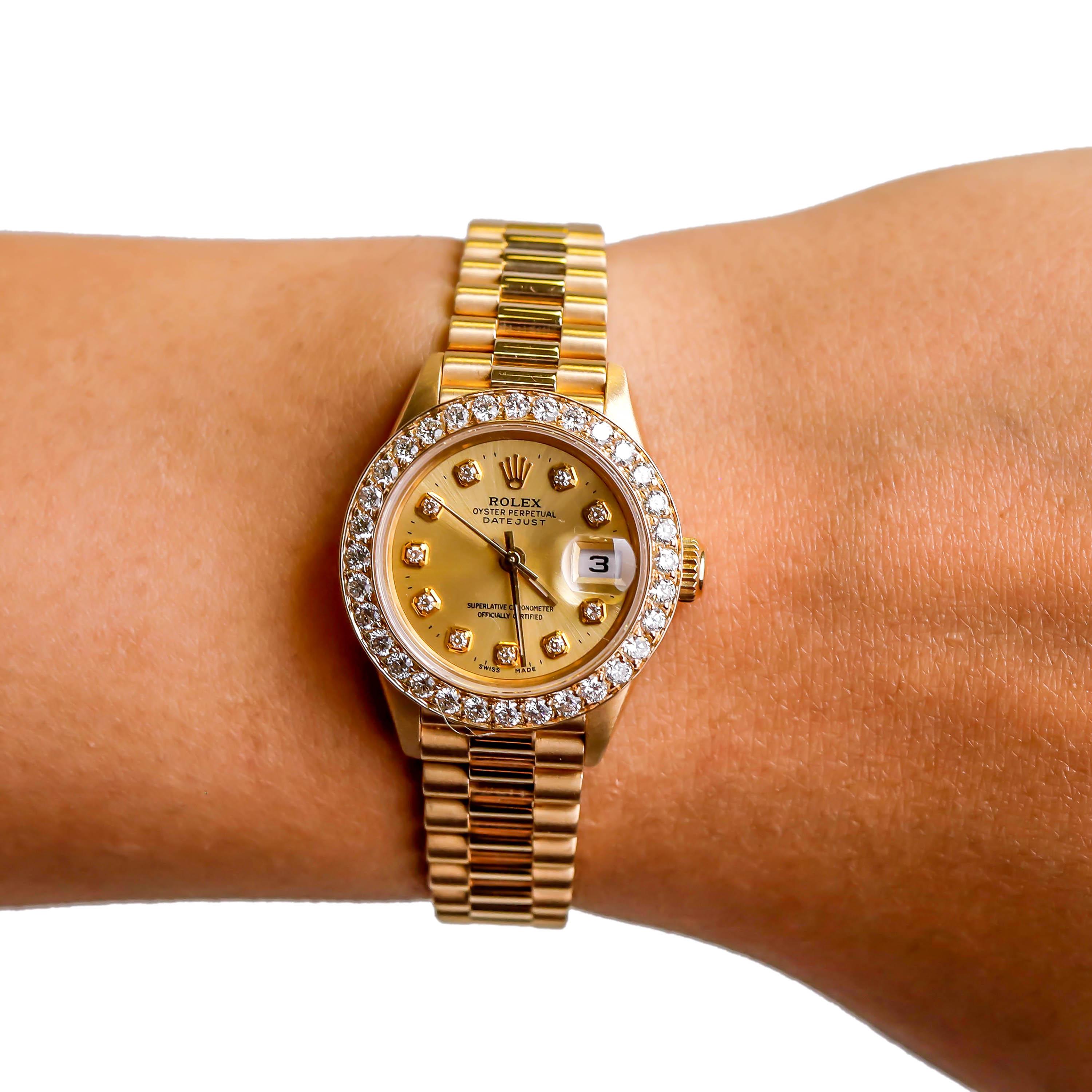 Modern Rolex Ladies President Datejust 18 Karat Gold Custom Diamond Dial and Bezel For Sale