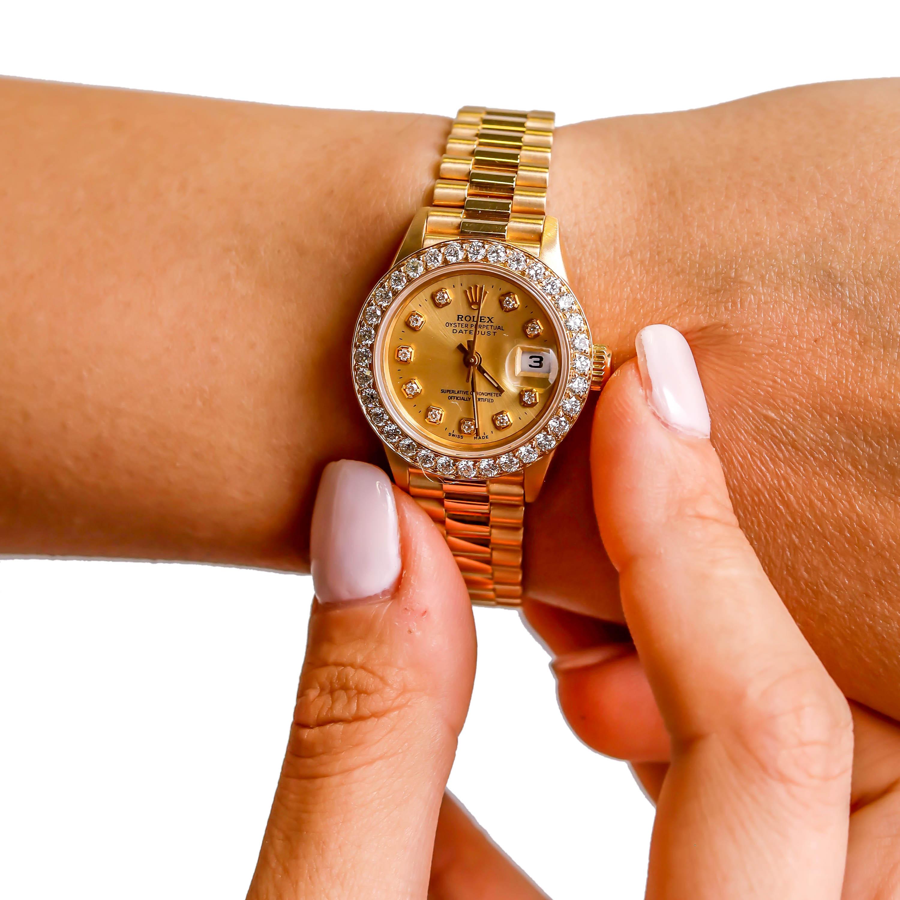 Round Cut Rolex Ladies President Datejust 18 Karat Gold Custom Diamond Dial and Bezel For Sale