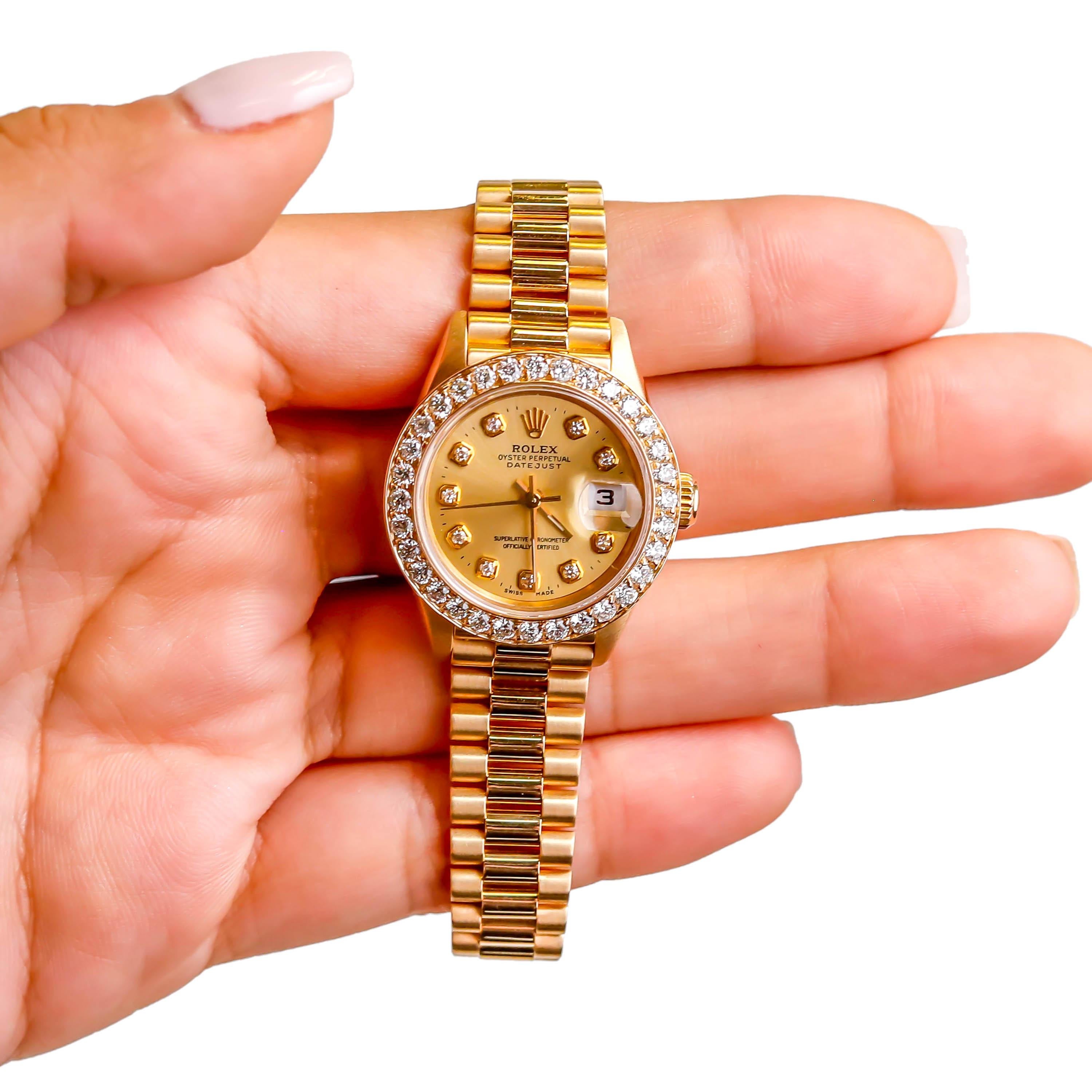 Women's Rolex Ladies President Datejust 18 Karat Gold Custom Diamond Dial and Bezel For Sale