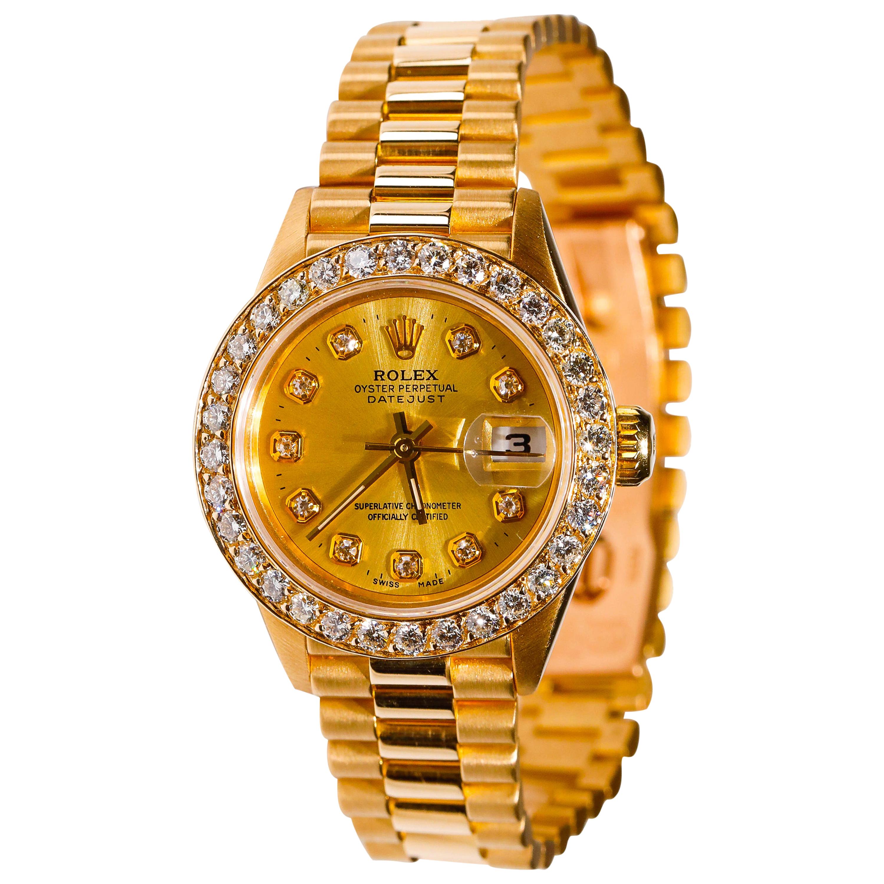 Rolex Ladies President Datejust 18 Karat Gold Custom Diamond Dial and Bezel For Sale