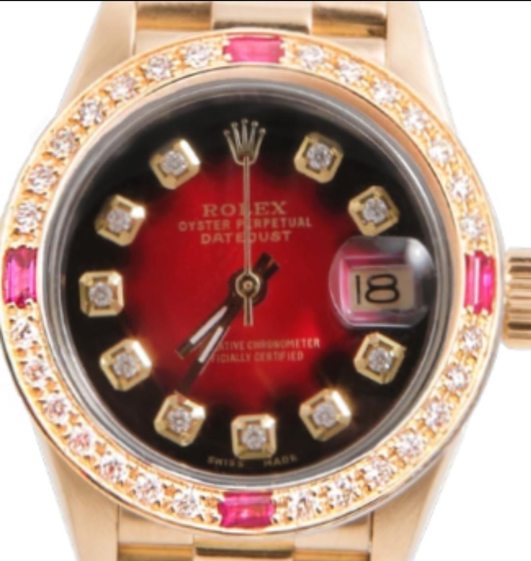 (Watch Description) 
Brand - Rolex
Gender - Ladies 
Model - 6917 Presidential
Metals - Yellow Solid Gold
Case size - 26mm
Bezel - Yellow gold Diamond
Crystal - Sapphire
Movement - Automatic Cal.2035
Dial - Refinished Red Diamond
Wrist band - Yellow