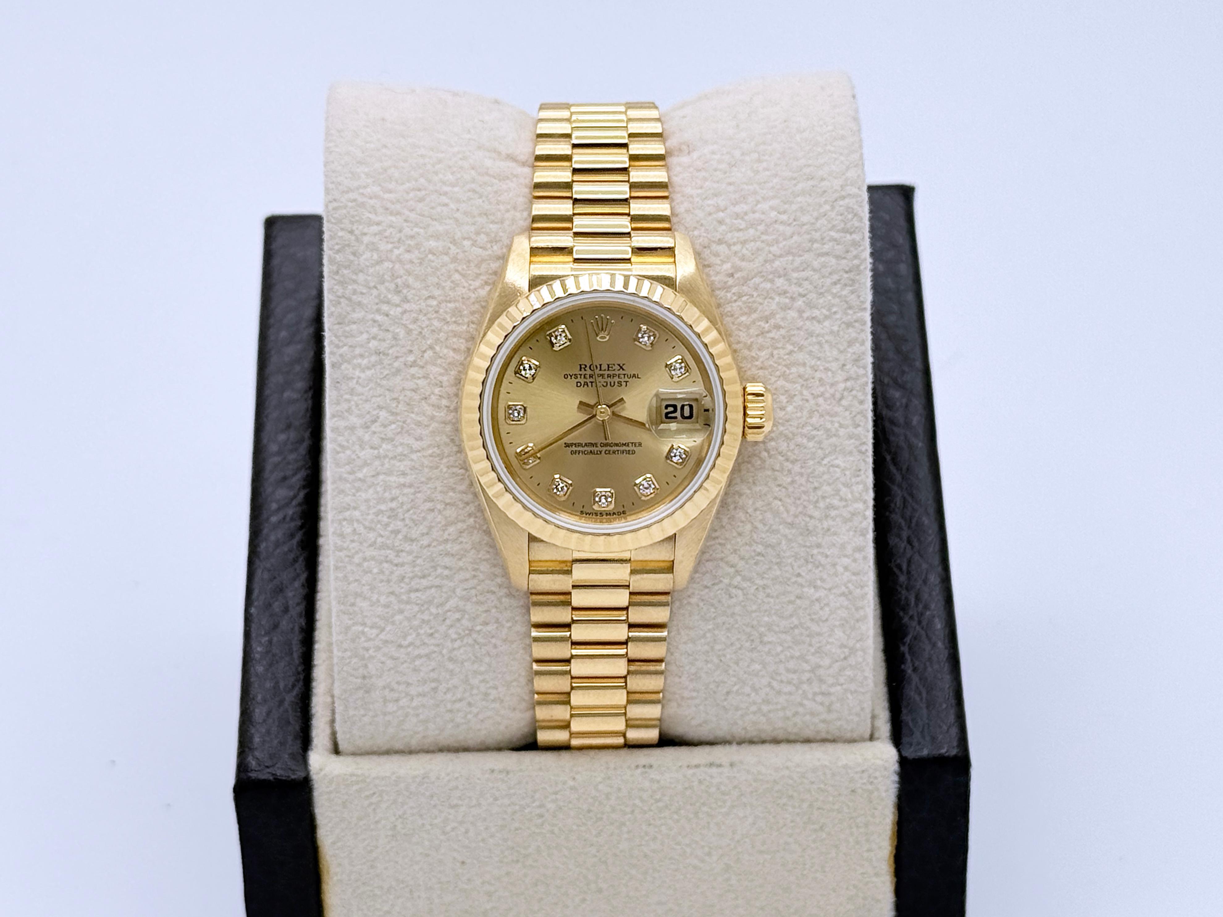 Rolex Señoras Presidente Datejust 69178 Champagne Diamond Dial 18K Oro Amarillo Corte baguette