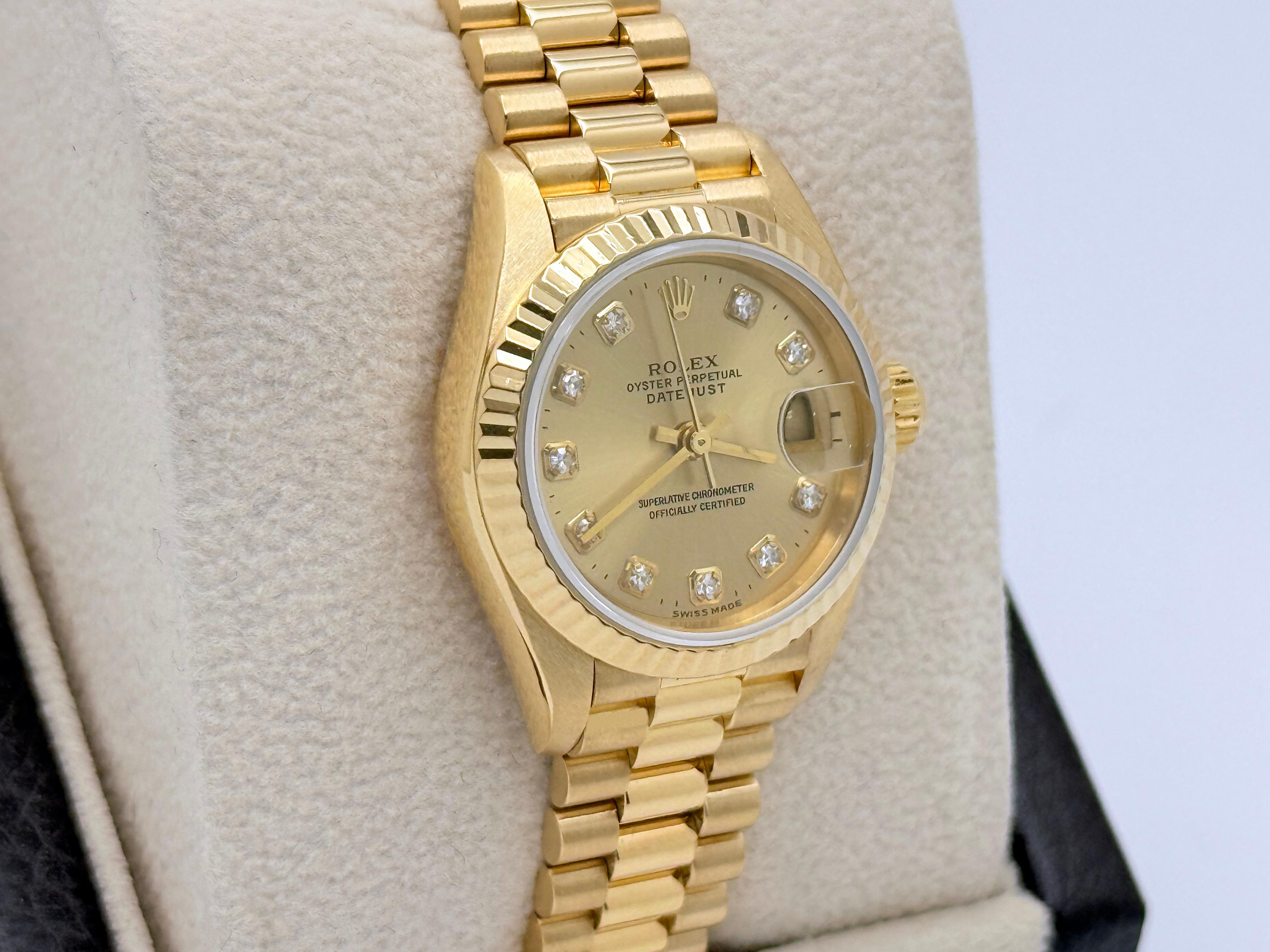 Rolex Señoras Presidente Datejust 69178 Champagne Diamond Dial 18K Oro Amarillo en Excelente Estado en San Diego, CA