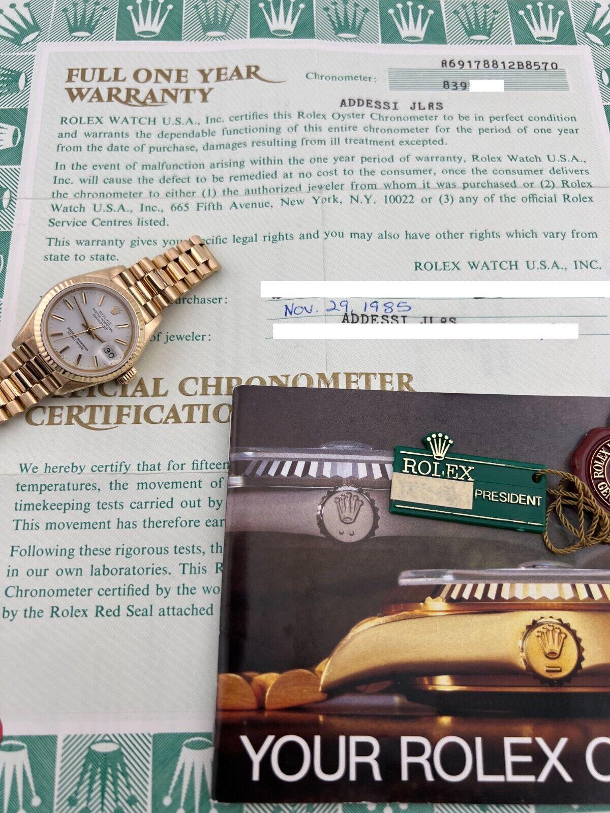 Rolex Damen President Datejust 69178 Weißes Zifferblatt 18K Gelbgold Box Papier 1